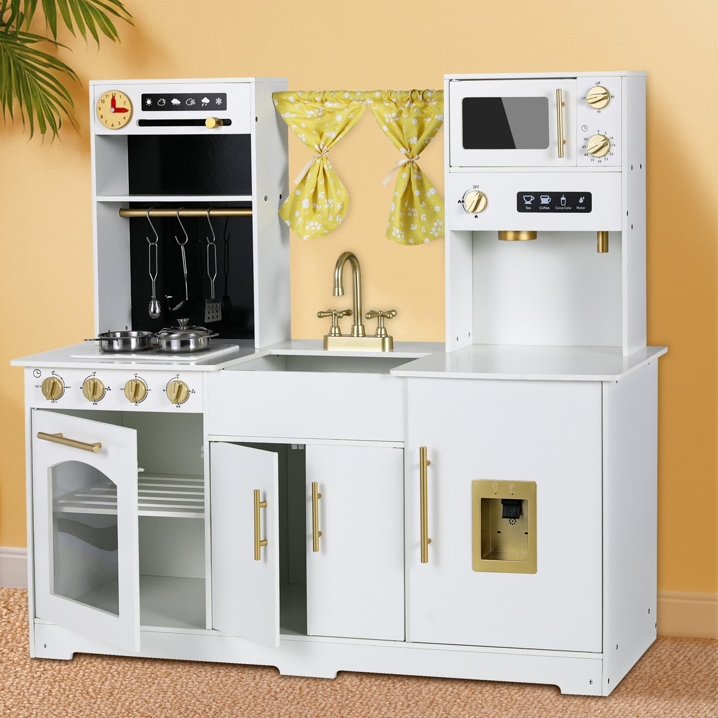 pirecart Kids Play Kitchen, Wooden Pretend Toy Kitchen, Toodler Cooking Playset w/Stove, Sink, Microwave, Water Dispenser, Curtain