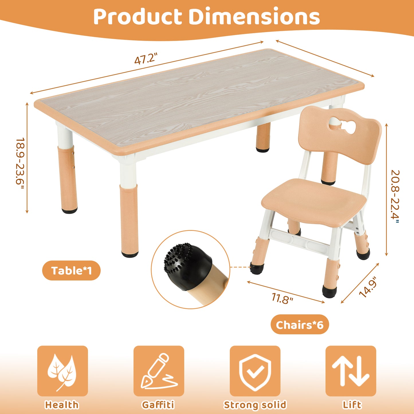 pirecart 7Pcs Kids Table and Chairs Set Height Adjustable Children Activity Art Table