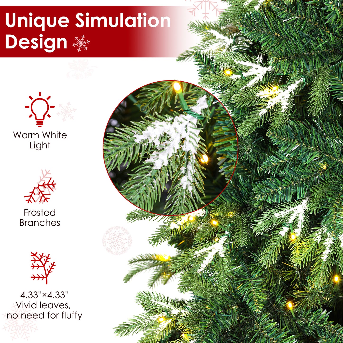 pirecart 6/8/9ft Artificial Holiday Christmas Tree with Ice Crystal Snow Standing Xmas Tree with Warm lights & Metal Stand