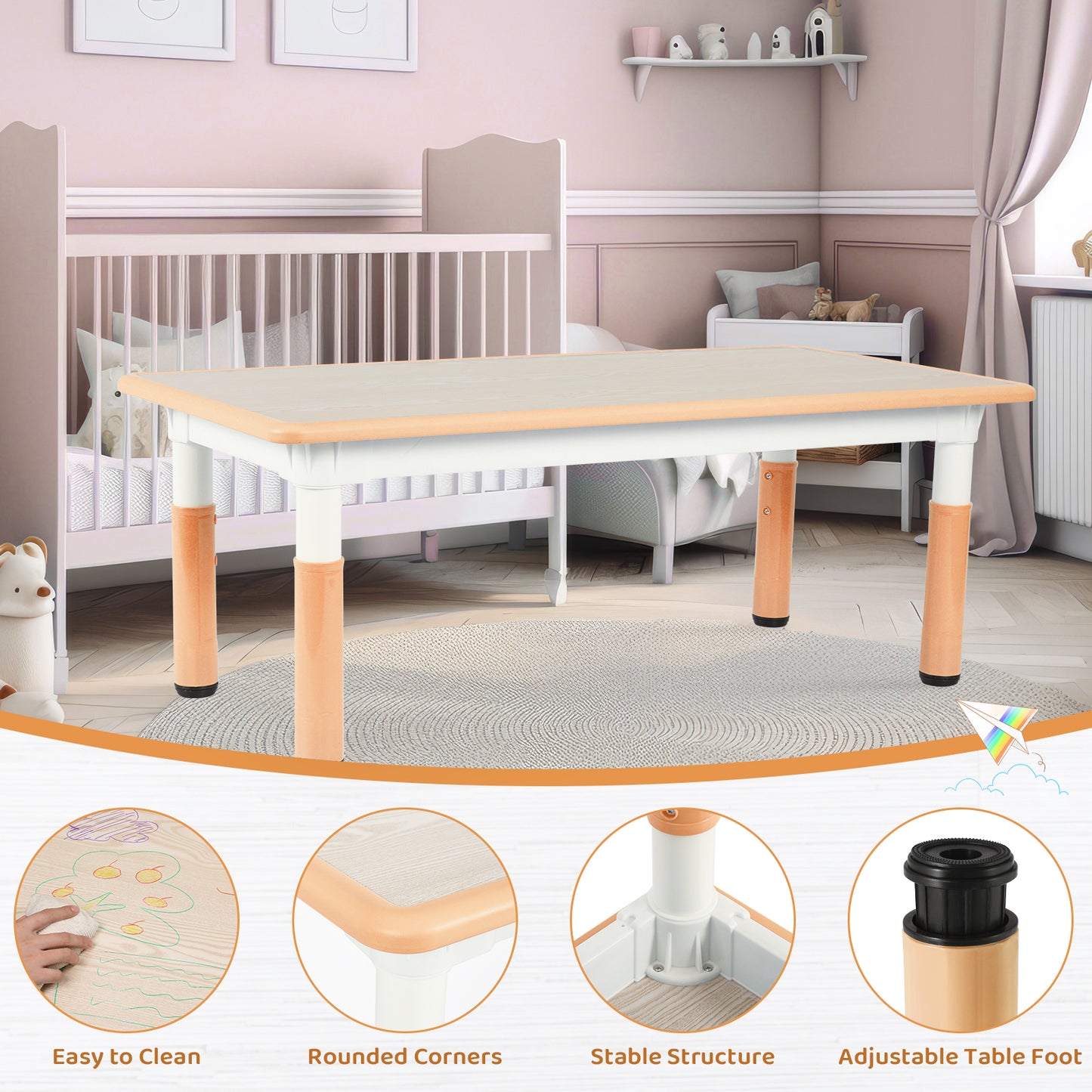 pirecart 7Pcs Kids Table and Chairs Set Height Adjustable Children Activity Art Table