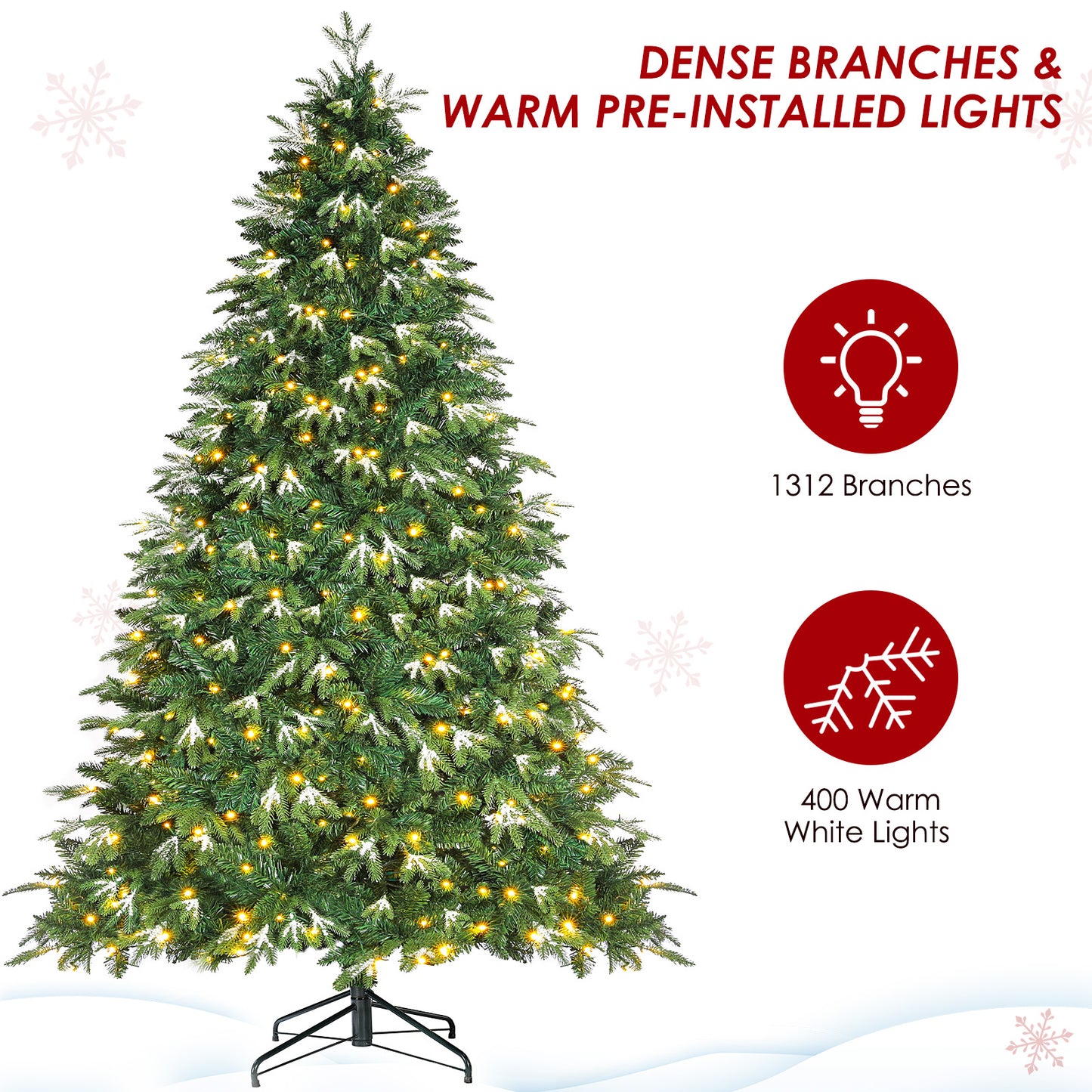 pirecart 6/8/9ft Artificial Holiday Christmas Tree with Ice Crystal Snow Standing Xmas Tree with Warm lights & Metal Stand