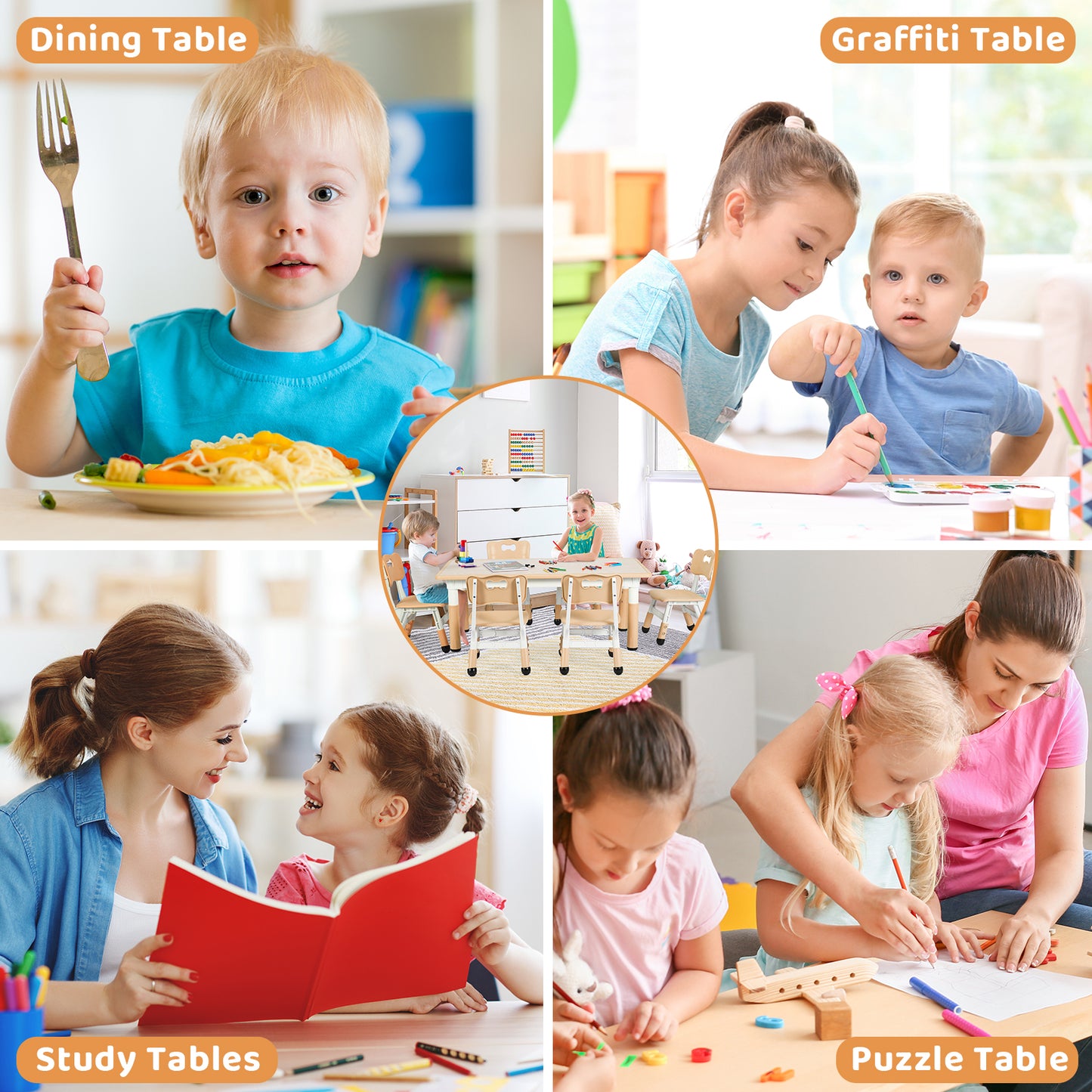 pirecart 7Pcs Kids Table and Chairs Set Height Adjustable Children Activity Art Table