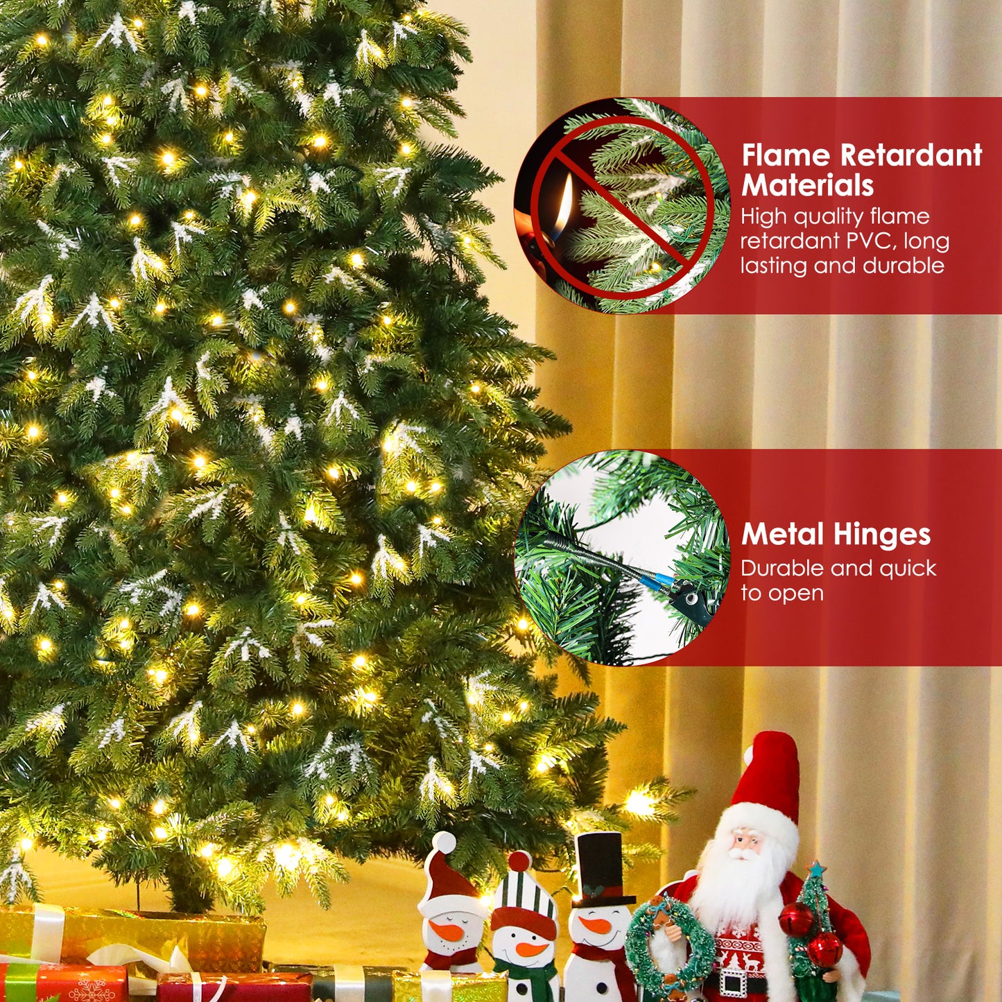 pirecart 6/8/9ft Artificial Holiday Christmas Tree with Ice Crystal Snow Standing Xmas Tree with Warm lights & Metal Stand