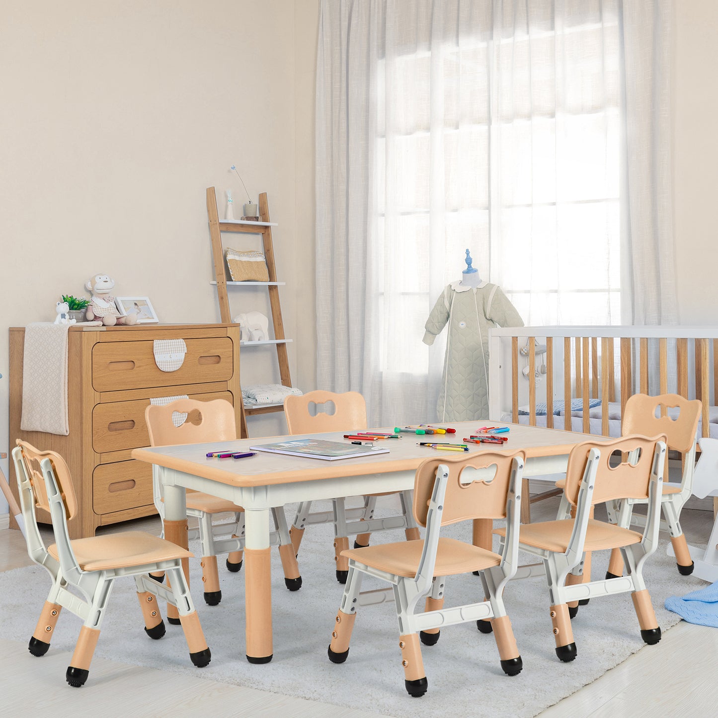 pirecart 7Pcs Kids Table and Chairs Set Height Adjustable Children Activity Art Table