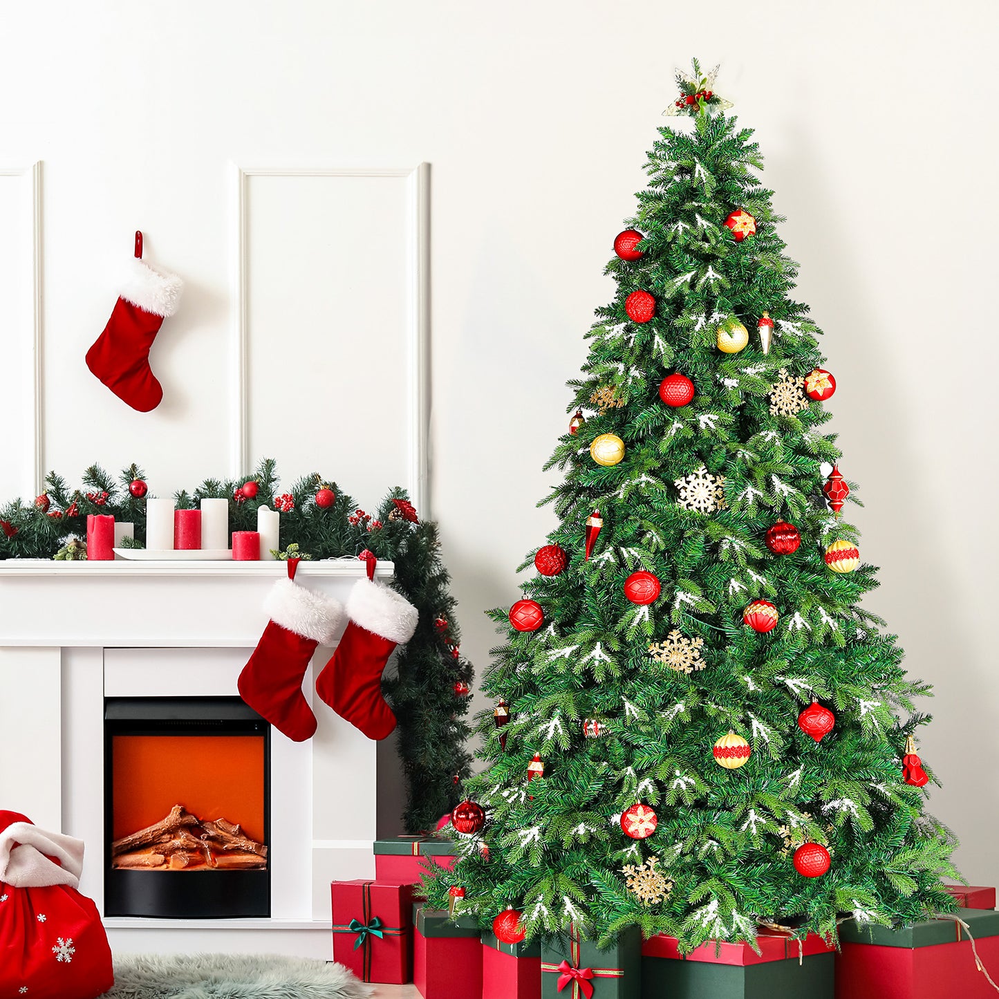 pirecart 6/8/9ft Artificial Holiday Christmas Tree with Ice Crystal Snow Standing Xmas Tree with Warm lights & Metal Stand