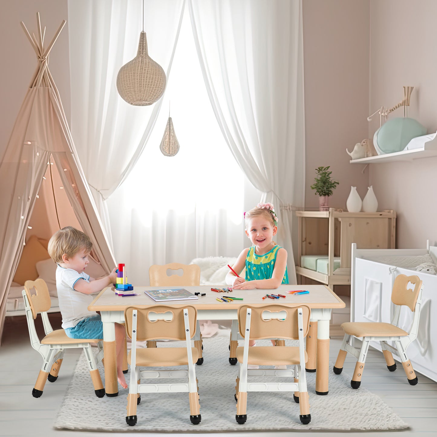 pirecart 7Pcs Kids Table and Chairs Set Height Adjustable Children Activity Art Table