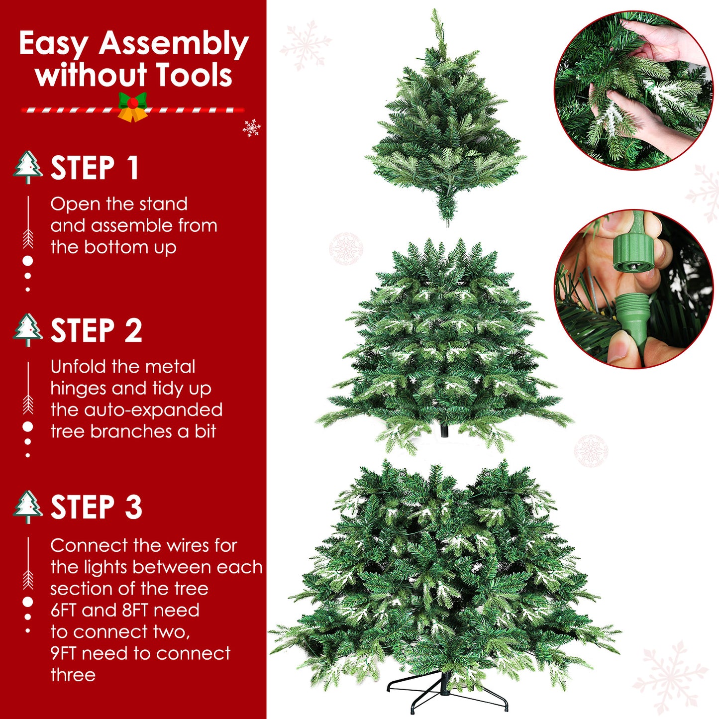 pirecart 6/8/9ft Artificial Holiday Christmas Tree with Ice Crystal Snow Standing Xmas Tree with Warm lights & Metal Stand