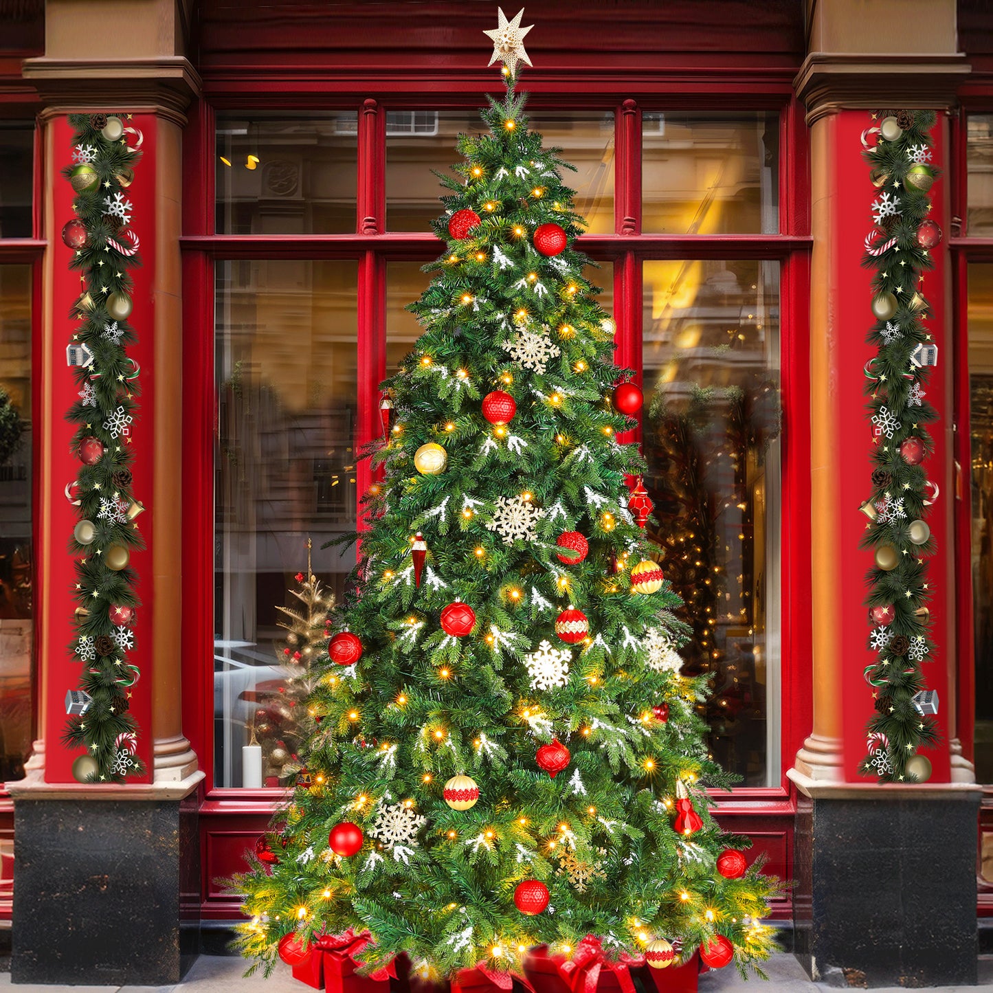 pirecart 6/8/9ft Artificial Holiday Christmas Tree with Ice Crystal Snow Standing Xmas Tree with Warm lights & Metal Stand
