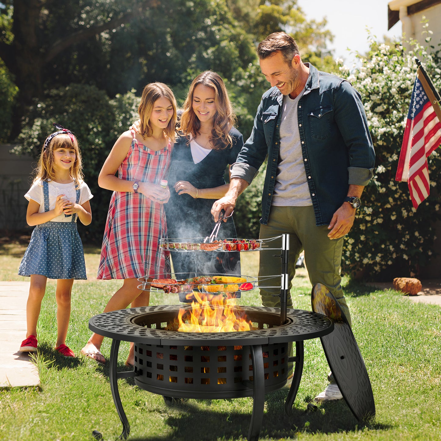 pirecart 37in 3 in 1 Large Wood Burning Fire Pits with 2 galvanized steel Grills, Lid and Fire Poker for Patio, Backyard, Bonfire Party, BBQ