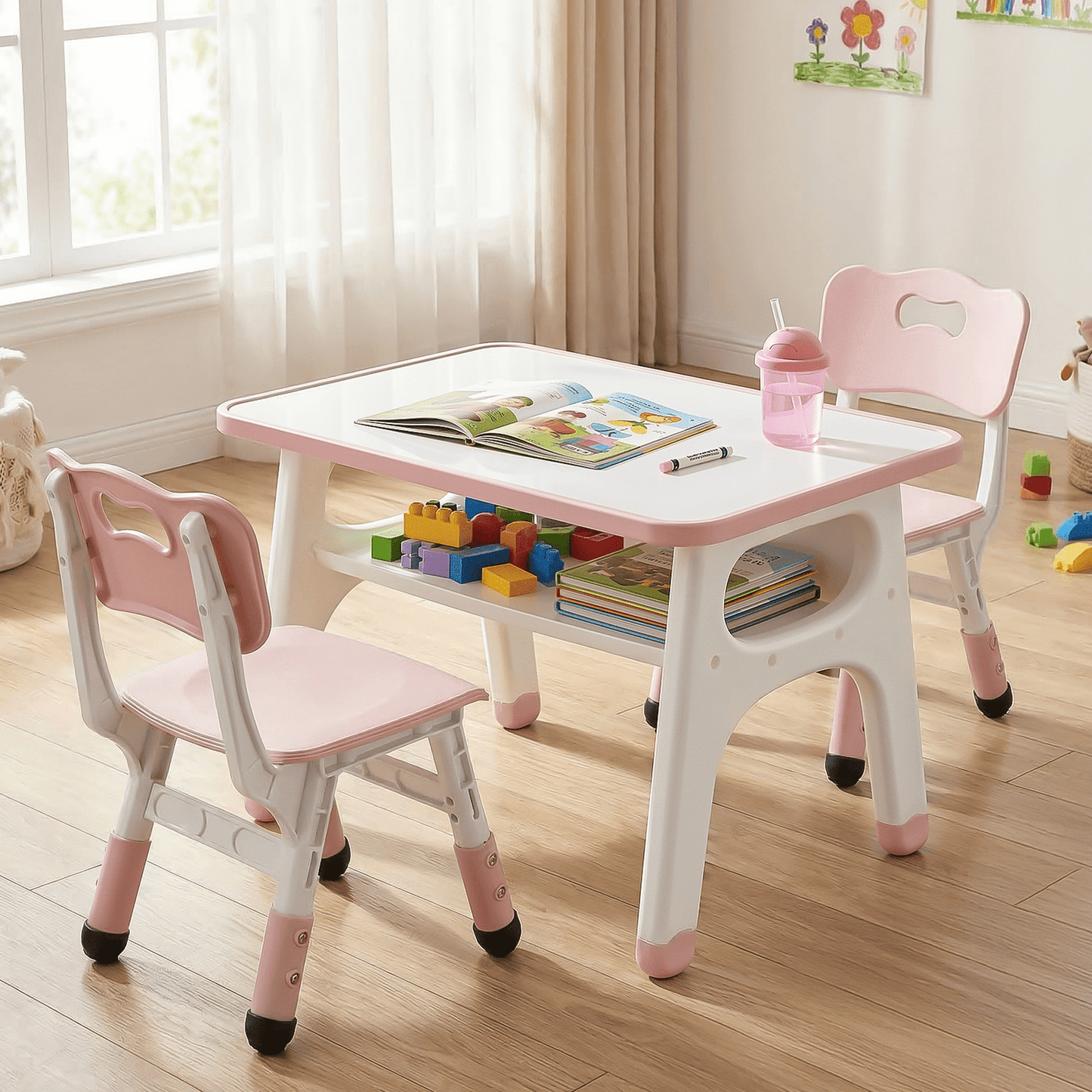 Pirecart Kids Table and 2 Chairs Set, Toddler Activity Table with Graffiti Desktop & Adjustable Height Toddler Chair, Children Activity Table with Large Built-in Storage
