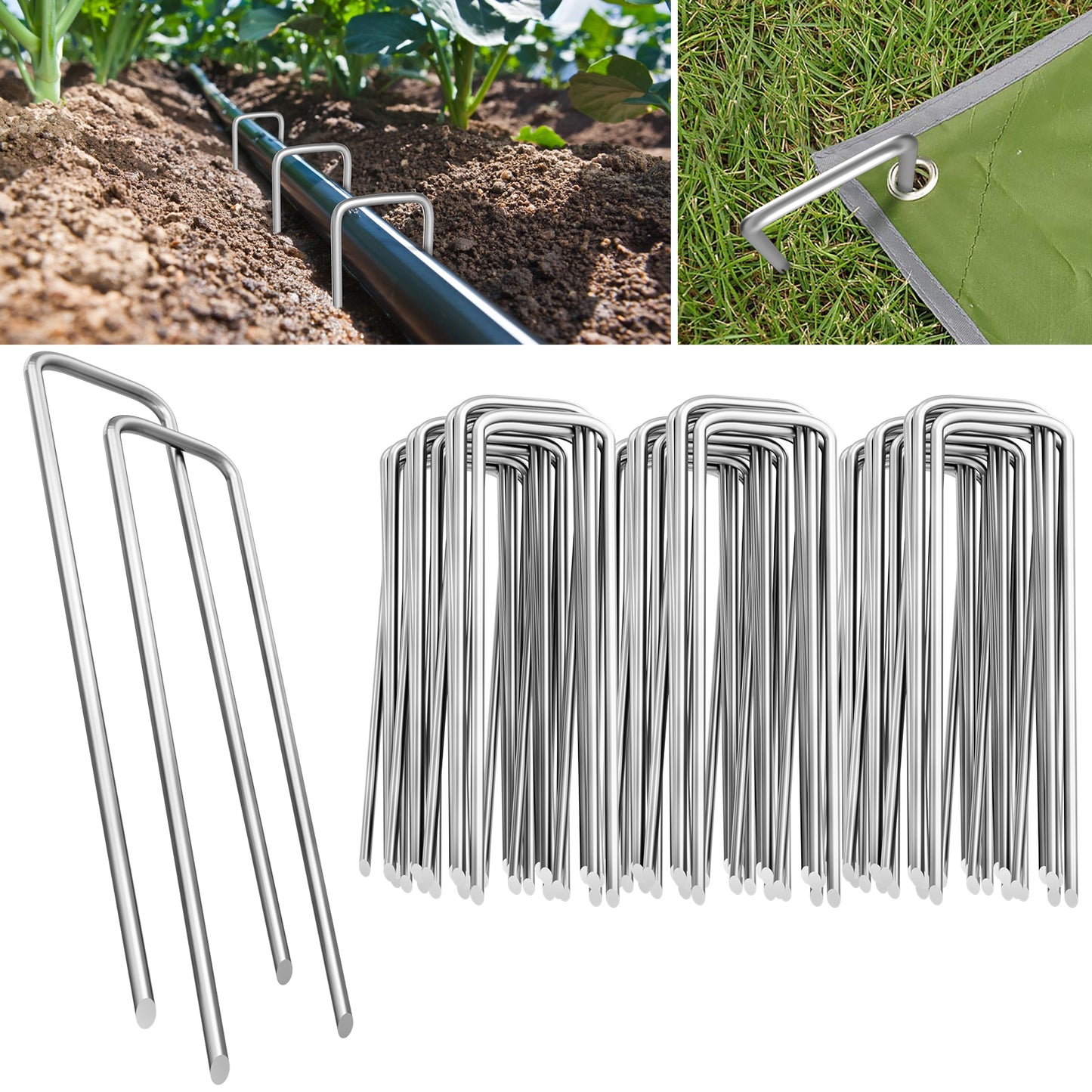pirecart 100/200/300 pack Landscape Staples, 6 Inches 11 Gauge Stakes, Galvanized Garden Stakes, Anti-Rust U-Shaped Pins, Sod Pins for Weed Barrier Fabric