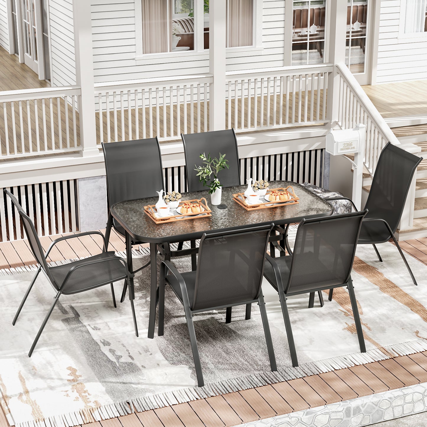 Pirecart Outdoor Table and Chair Set of 7, Textilene Patio Furniture Set Suitable for All Weather with Umbrella Hole, for Backyard Poolside