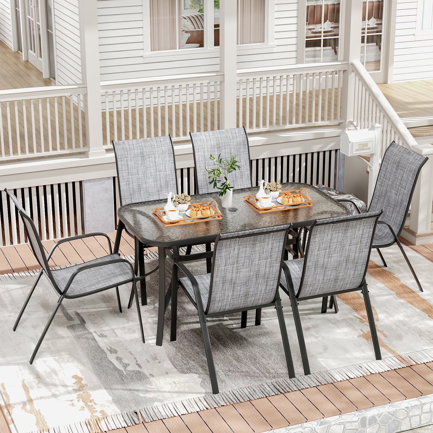 Pirecart Outdoor Table and Chair Set of 7, Textilene Patio Furniture Set Suitable for All Weather with Umbrella Hole, for Backyard Poolside