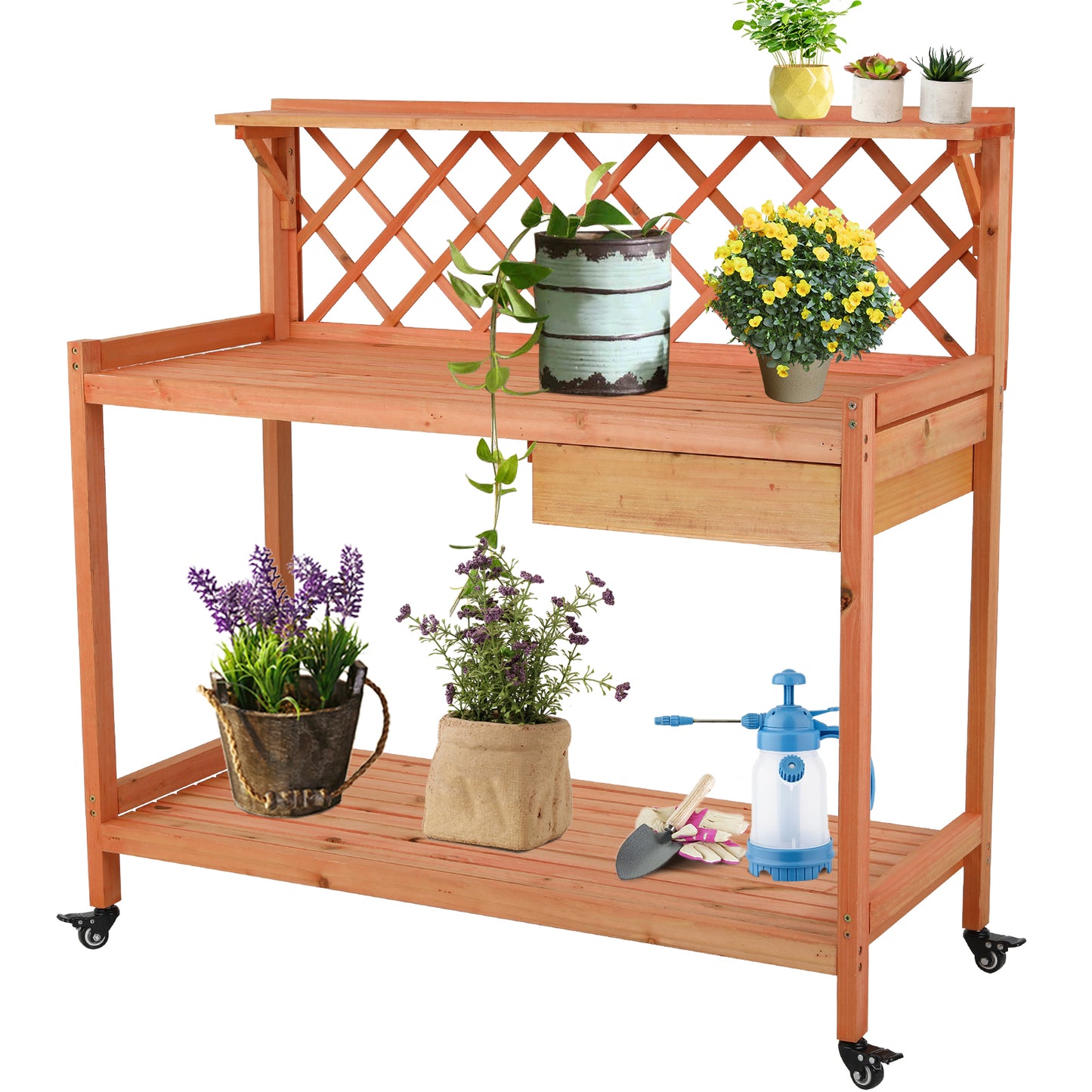 pirecart Outdoor Potting Bench Garden Table with 4 Wheels, Wooden Planting Table Workstation