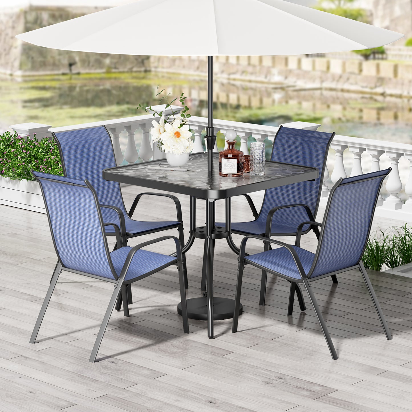 Pirecart Patio Dining Set of 5, Outdoor Furniture Set with 4 Stackable Textilene Armchairs & Square Table