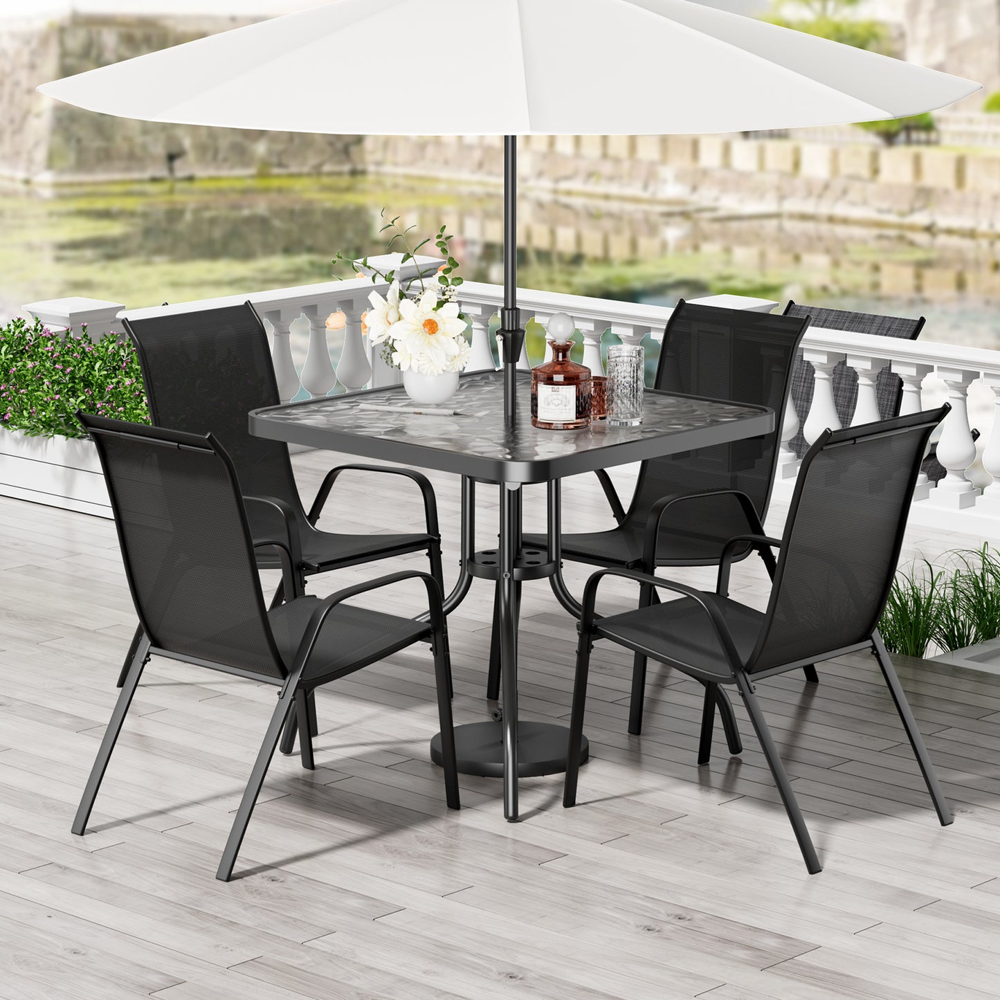 Pirecart Patio Dining Set of 5, Outdoor Furniture Set with 4 Stackable Textilene Armchairs & Square Table