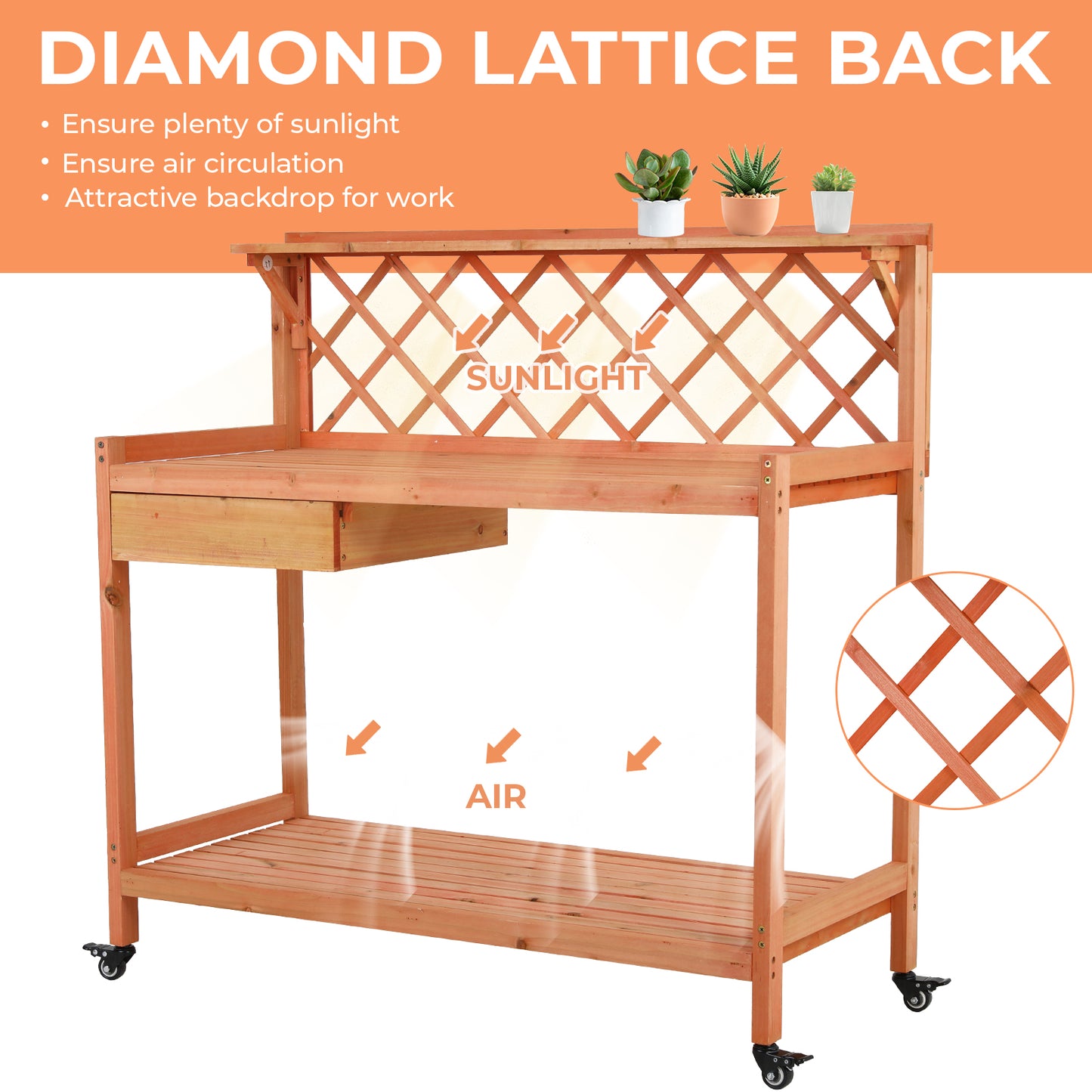 pirecart Outdoor Potting Bench Garden Table with 4 Wheels, Wooden Planting Table Workstation