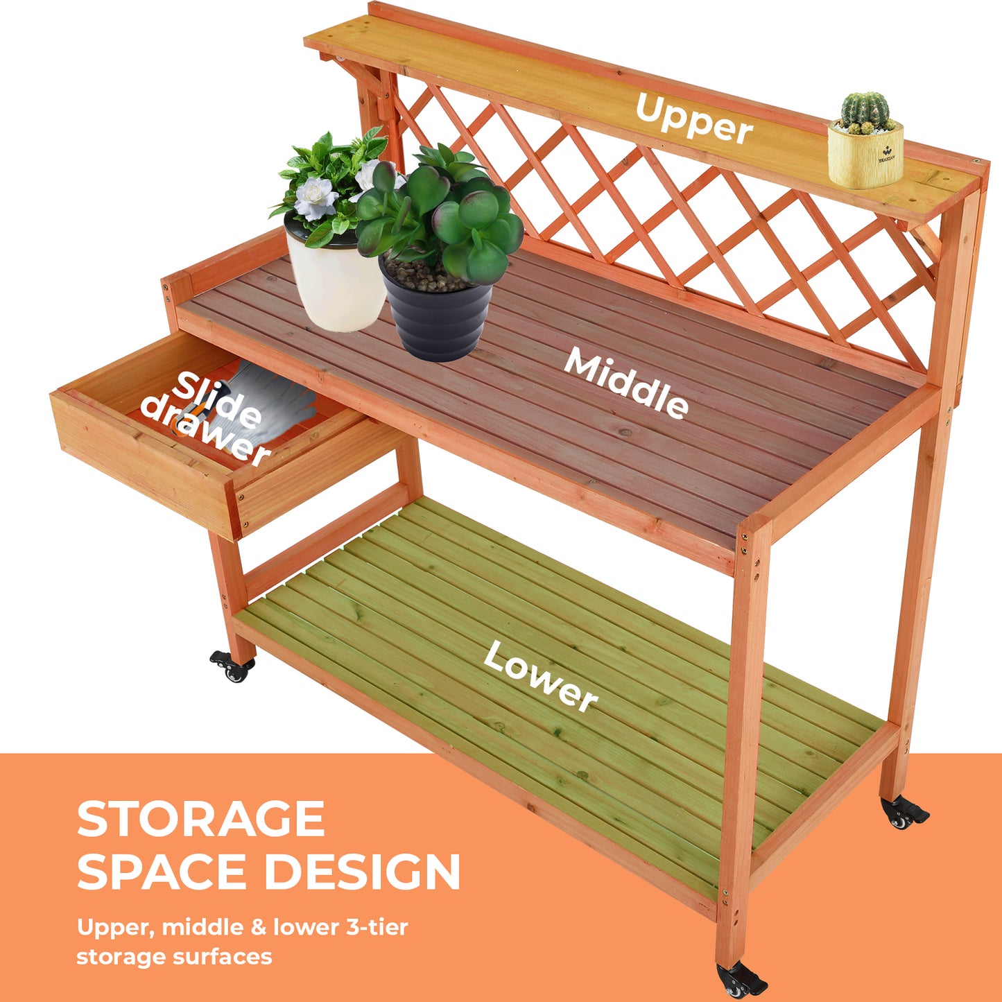 pirecart Outdoor Potting Bench Garden Table with 4 Wheels, Wooden Planting Table Workstation