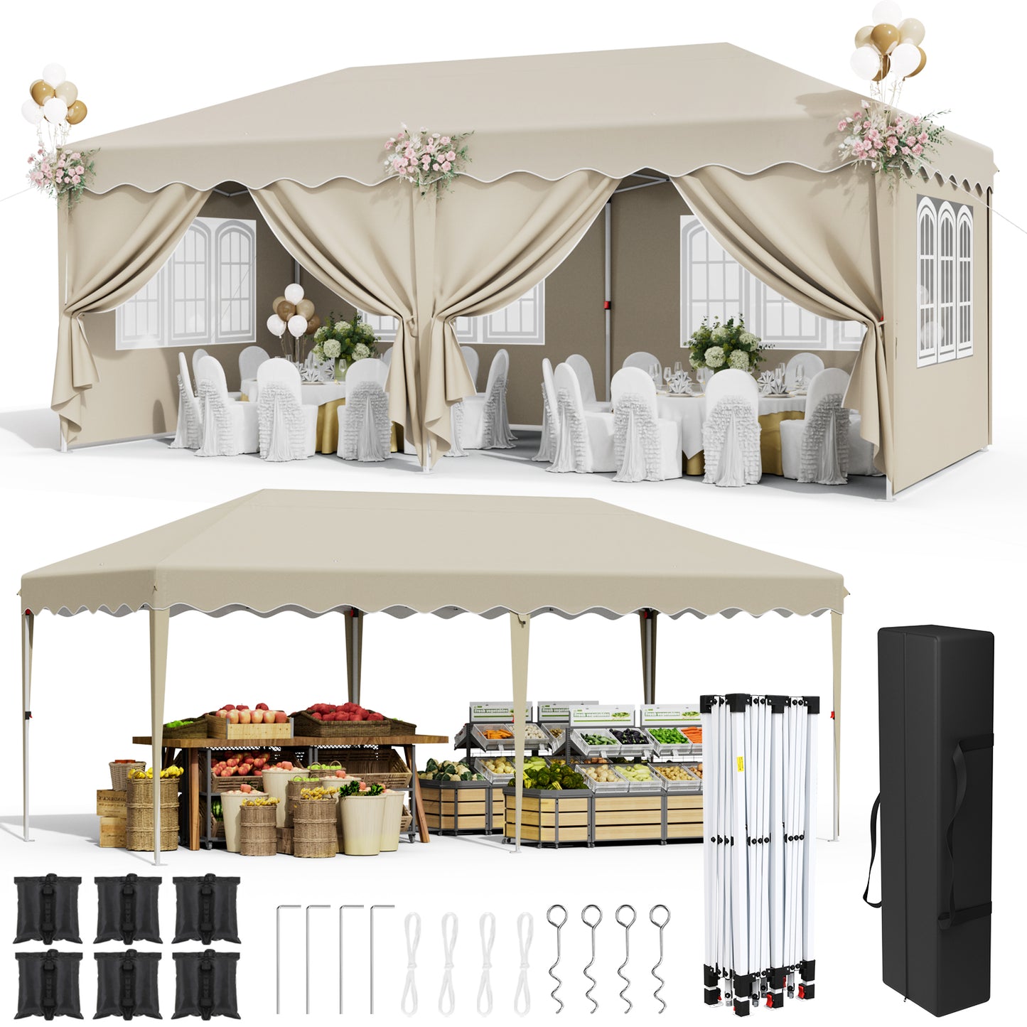 pirecart 10x20ft Pop up Canopy Tent w/6 Sidewalls, Heavy Duty Commercial Instant Gazebo w/Wheeled Bag