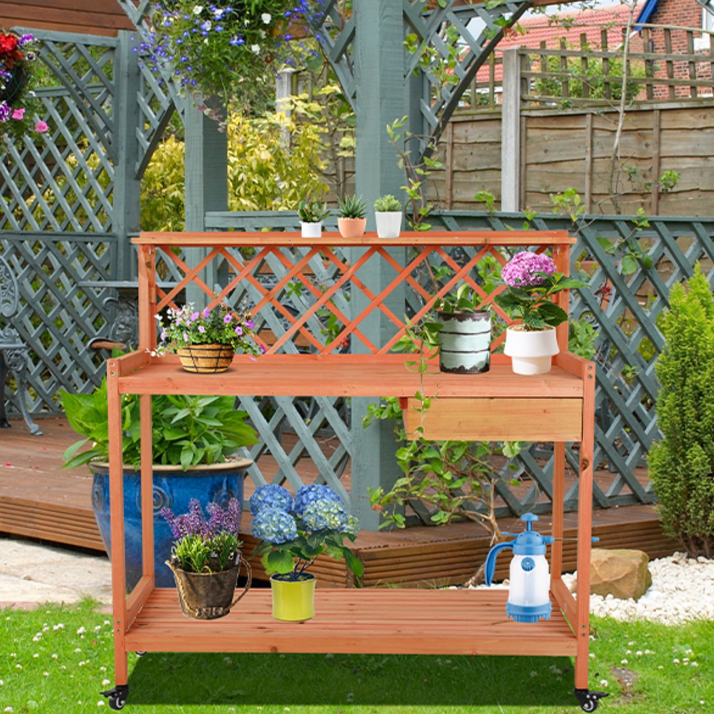 pirecart Outdoor Potting Bench Garden Table with 4 Wheels, Wooden Planting Table Workstation