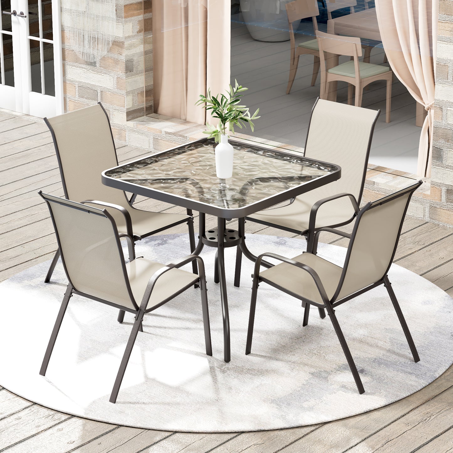 Pirecart Patio Dining Set of 5, Outdoor Furniture Set with 4 Stackable Textilene Armchairs & Square Table