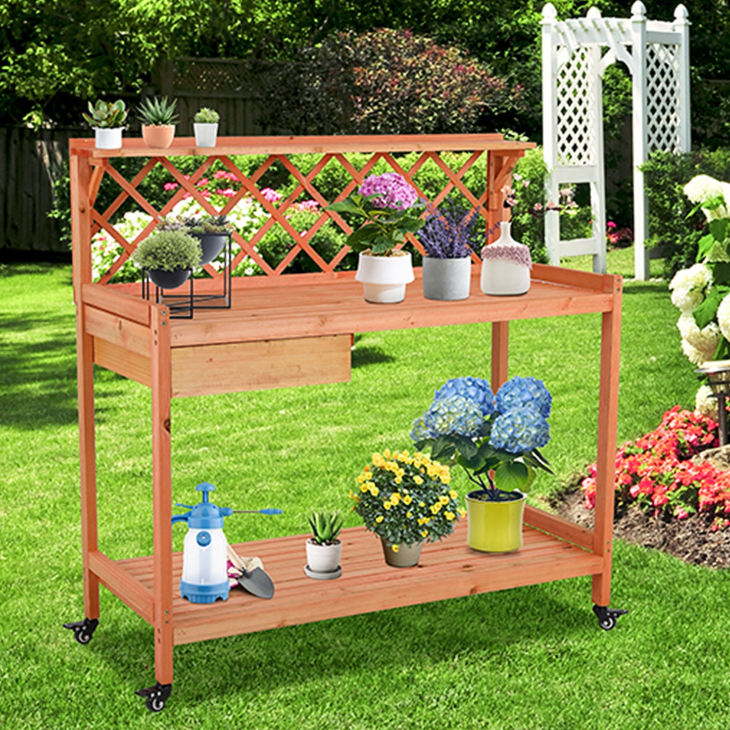 pirecart Outdoor Potting Bench Garden Table with 4 Wheels, Wooden Planting Table Workstation
