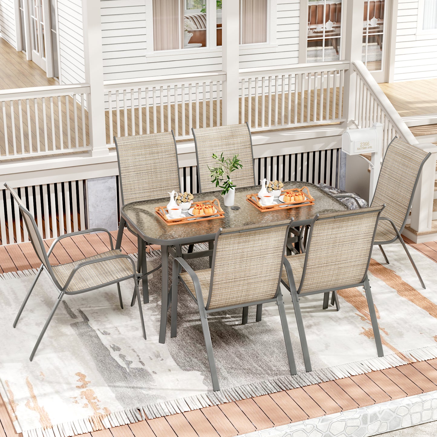 Pirecart Outdoor Table and Chair Set of 7, Textilene Patio Furniture Set Suitable for All Weather with Umbrella Hole, for Backyard Poolside