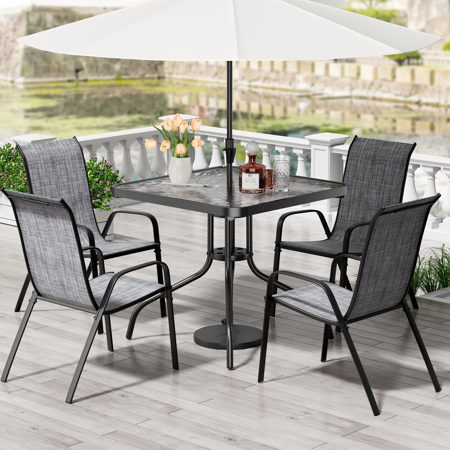 Pirecart Patio Dining Set of 5, Outdoor Furniture Set with 4 Stackable Textilene Armchairs & Square Table