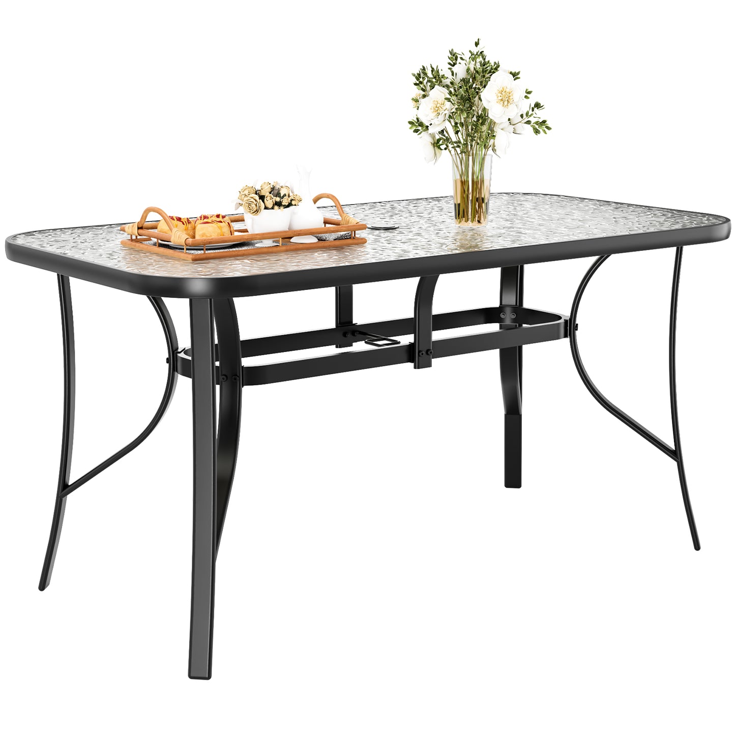 Piecart Outdoor Dining Table with Umbrella Hole, Rectangular Glass Patio Table, Patio Table for Outside, Garden, Balcony