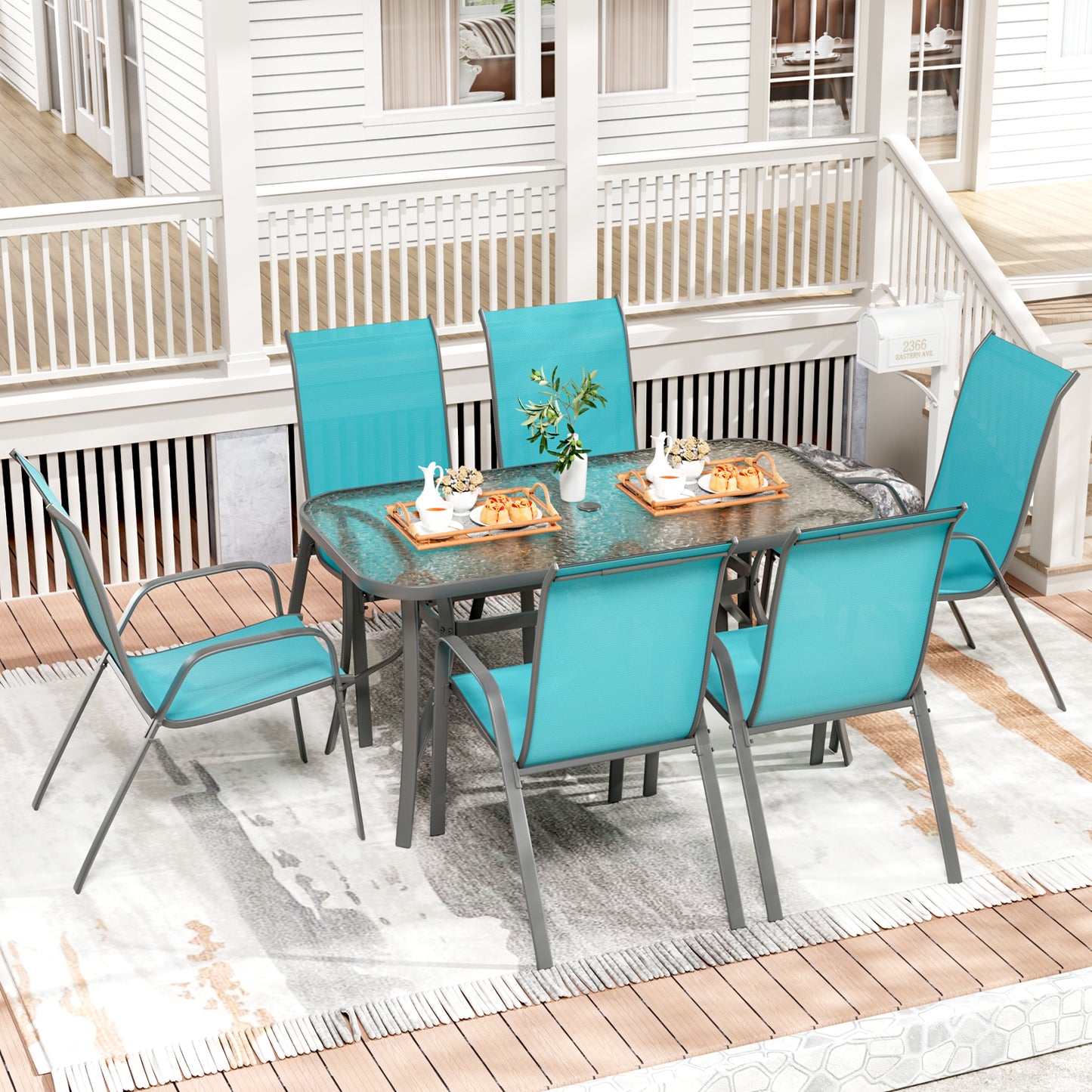 Pirecart Outdoor Table and Chair Set of 7, Textilene Patio Furniture Set Suitable for All Weather with Umbrella Hole, for Backyard Poolside