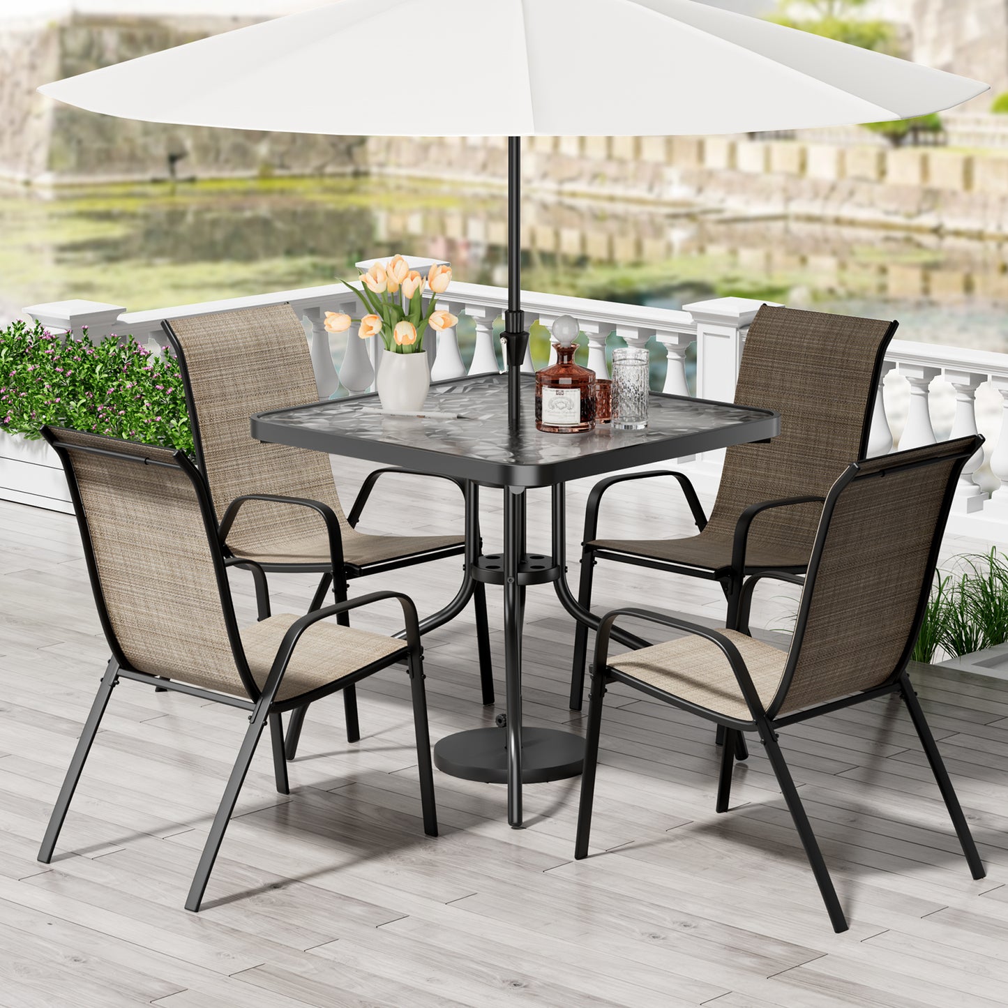 Pirecart Patio Dining Set of 5, Outdoor Furniture Set with 4 Stackable Textilene Armchairs & Square Table