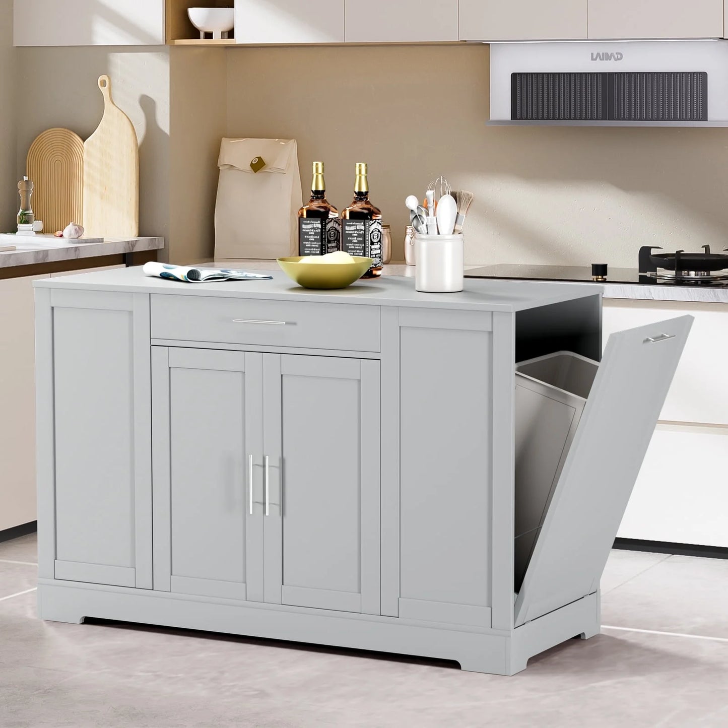 Pirecart 53" Kitchen Island with Trash Can Storage, Kitchen Island Storage with Drawer, Open Shelves