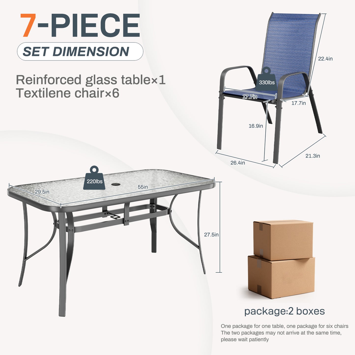 Pirecart Outdoor Table and Chair Set of 7, Textilene Patio Furniture Set Suitable for All Weather with Umbrella Hole, for Backyard Poolside