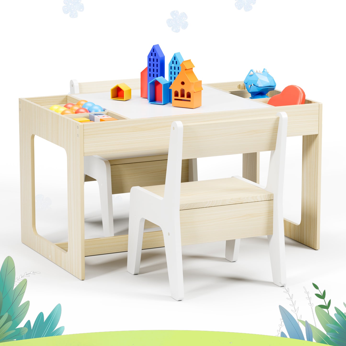 Pirecart 3 Piece Kids Table and 2 Chairs Wooden Activity Table with Blackboard for Arts & Crafts