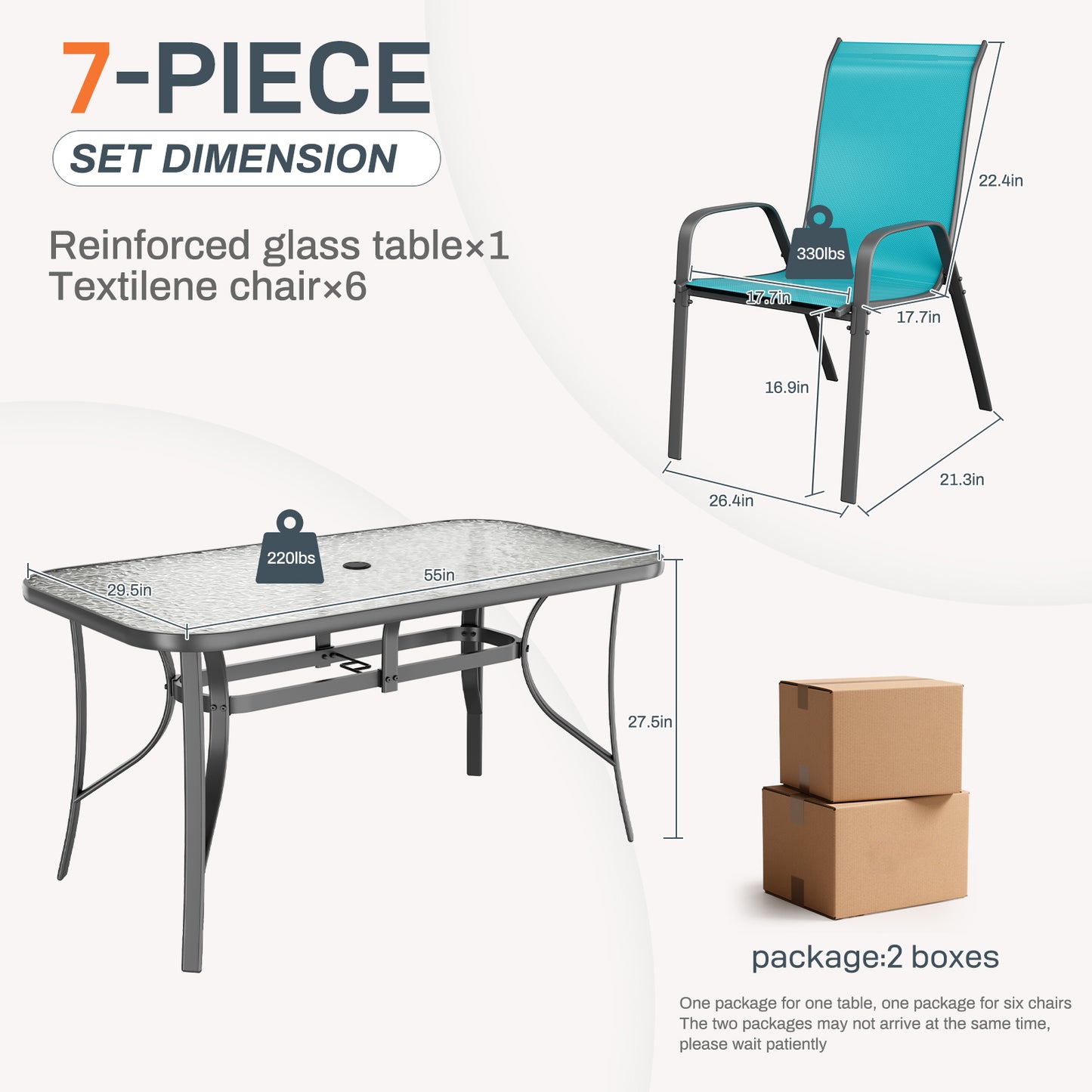 Pirecart Outdoor Table and Chair Set of 7, Textilene Patio Furniture Set Suitable for All Weather with Umbrella Hole, for Backyard Poolside