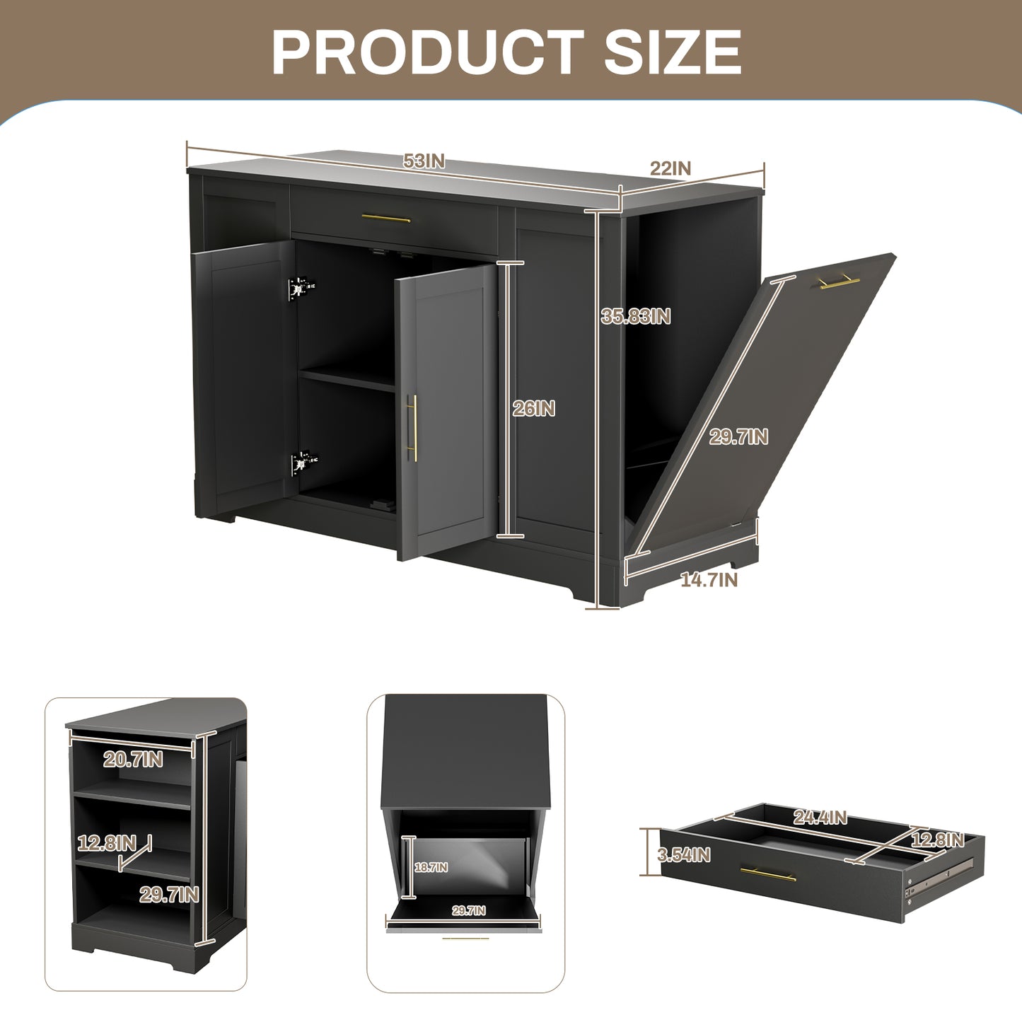 Pirecart 53" Kitchen Island with Trash Can Storage, Kitchen Island Storage with Drawer, Open Shelves