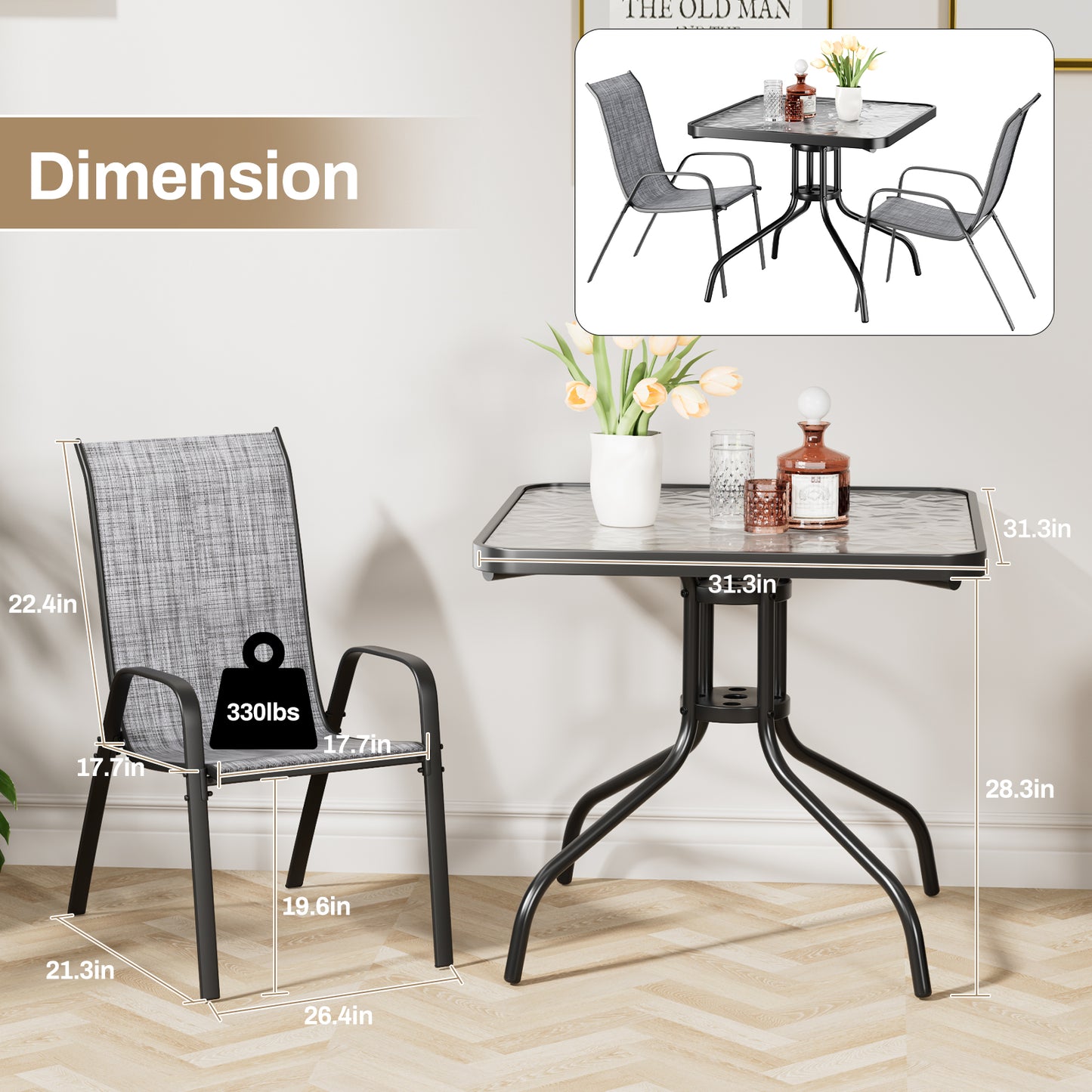 Pirecart Patio Dining Set of 5, Outdoor Furniture Set with 4 Stackable Textilene Armchairs & Square Table