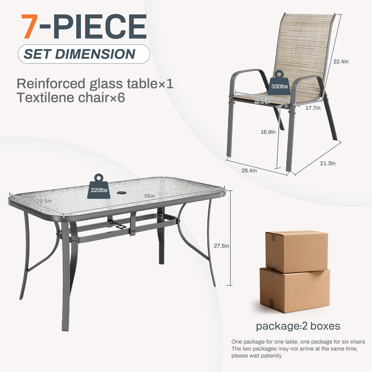 Pirecart Outdoor Table and Chair Set of 7, Textilene Patio Furniture Set Suitable for All Weather with Umbrella Hole, for Backyard Poolside