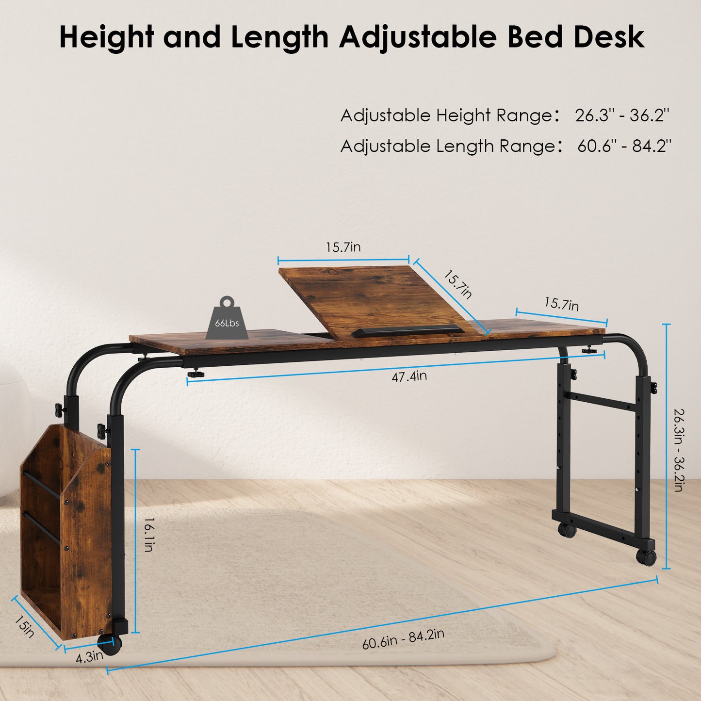 pirecart Overbed Table with Wheels, Moblie Bed Desk, Rolling Computer Desk Laptop Cart
