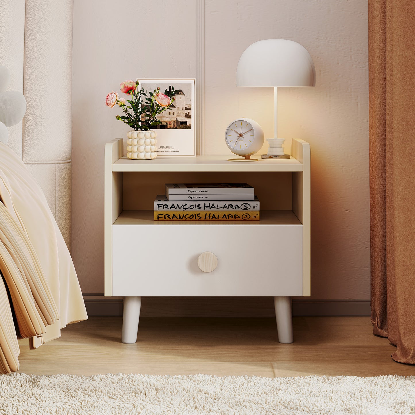 Pirecart Night Stand Kids Wooden Nightstand with Drawer, 2-Tier End Table Side Table for Bedroom, Living Room