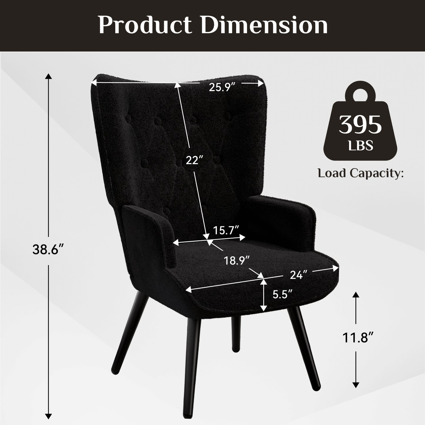 Pirecart Teddy Fabric Accent Chair, Comfy Upholstered Armchair Mid Century Modern, Wingback Chair with Metal Legs, High Backrest Living Room Chair for Vanity, Bedroom, Black