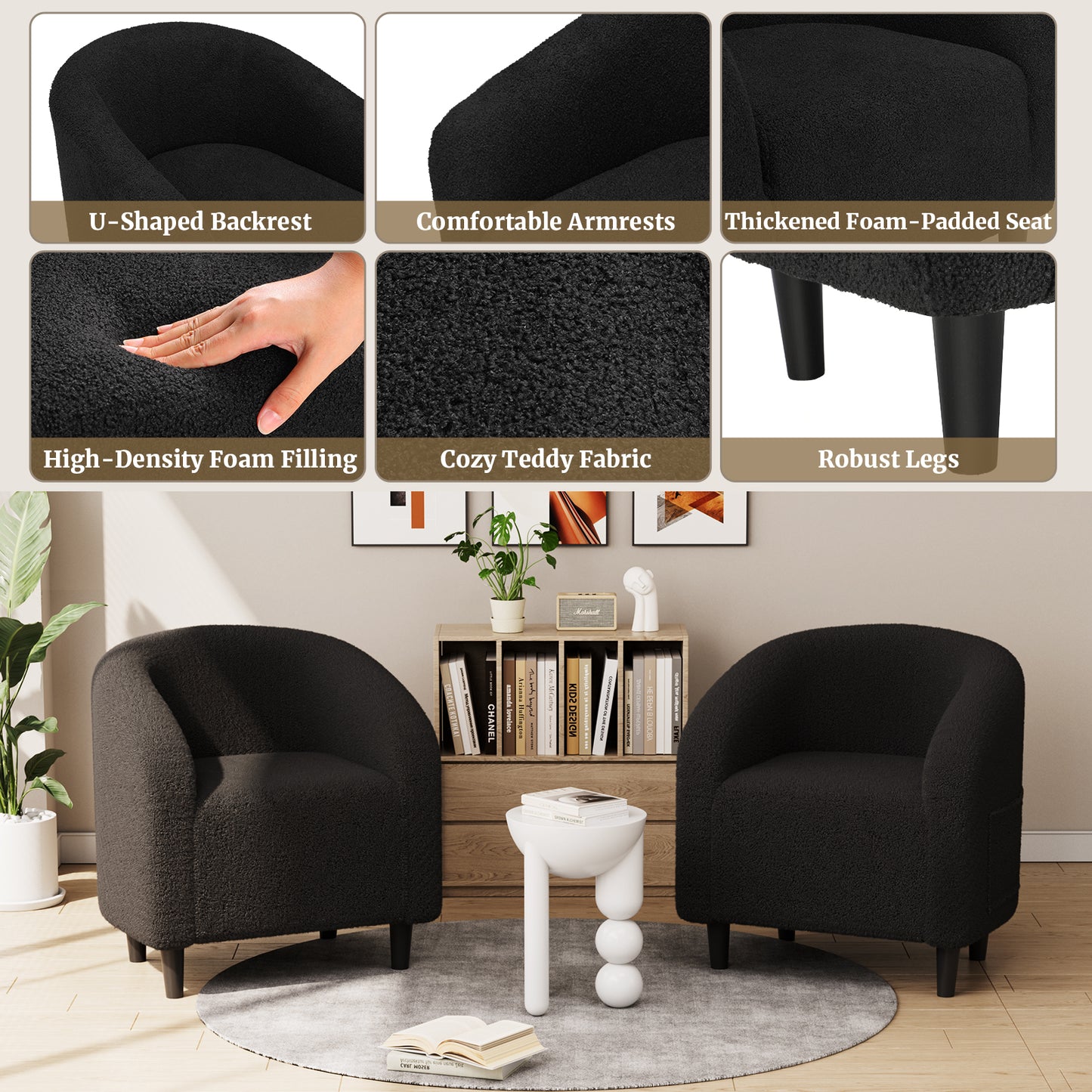 Pirecart Teddy Fabric Accent Barrel Chair, Small Space Compact Armchair, Soft Bedroom Accent Chair with a Side Pocket for Living Room/Bedroom/Reception Room