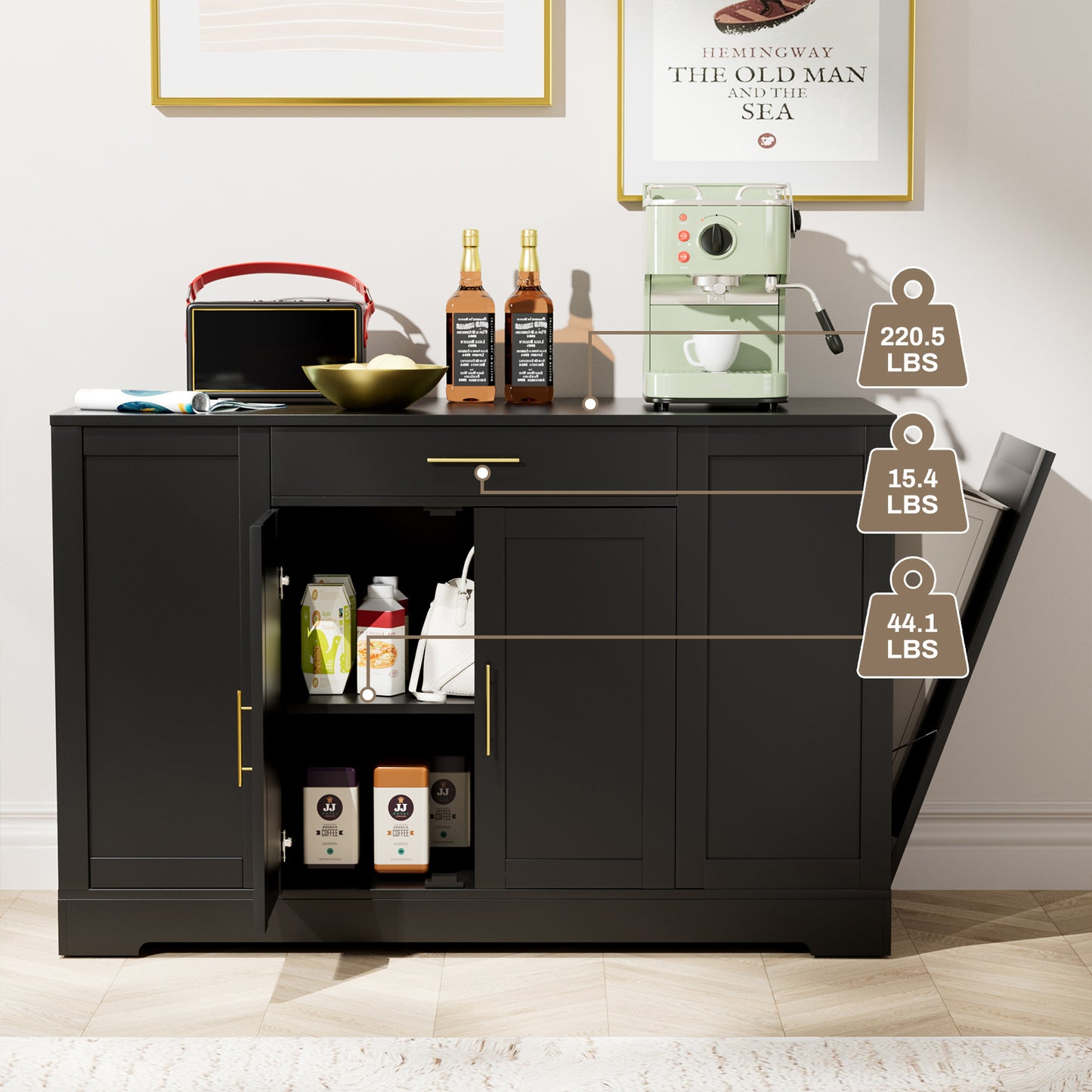 Pirecart 53" Kitchen Island with Trash Can Storage, Kitchen Island Storage with Drawer, Open Shelves