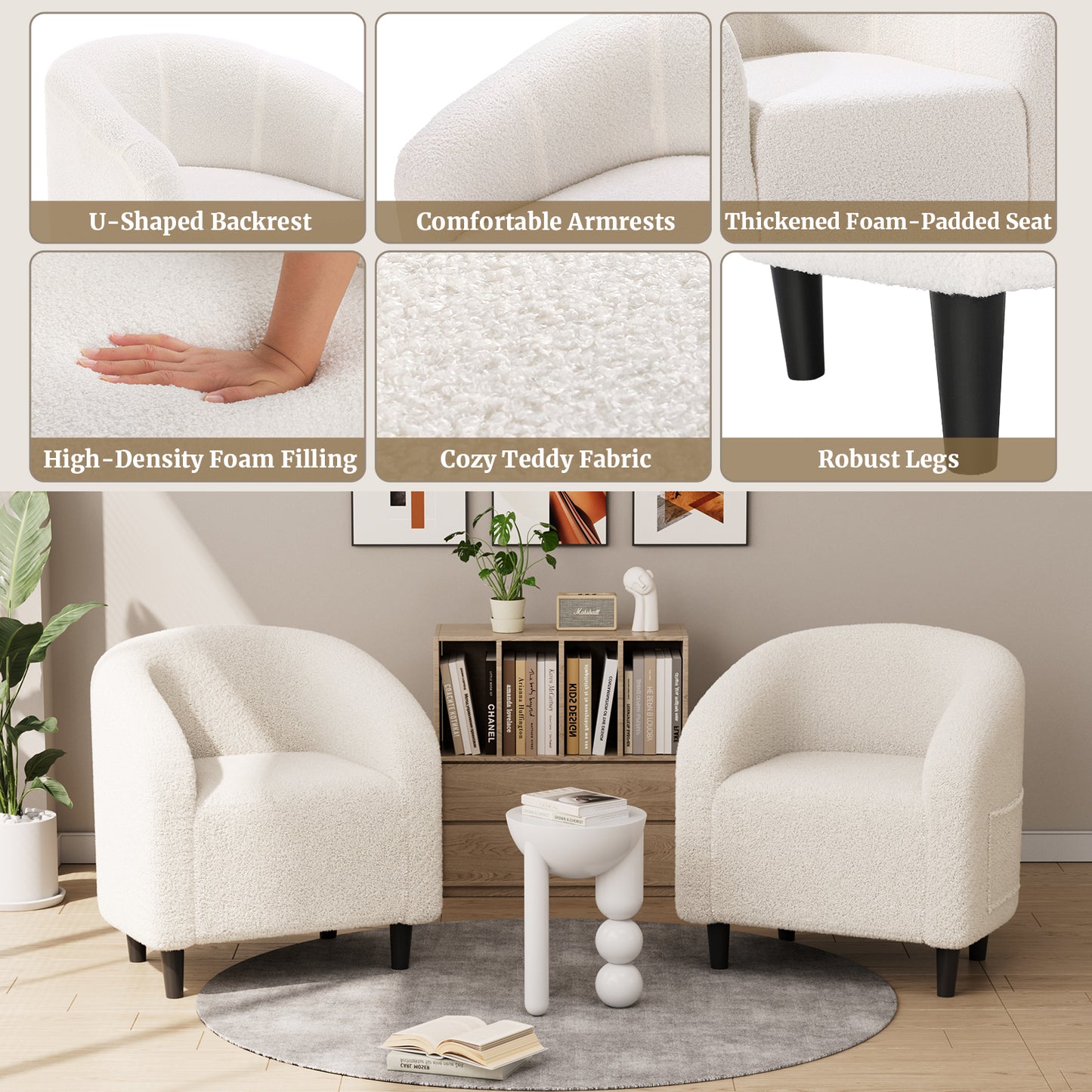 Pirecart Teddy Fabric Accent Barrel Chair, Small Space Compact Armchair, Soft Bedroom Accent Chair with a Side Pocket for Living Room/Bedroom/Reception Room