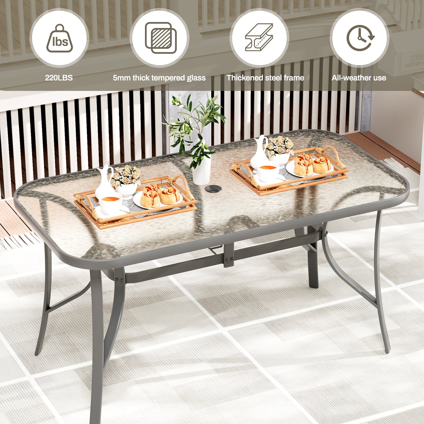 Piecart Outdoor Dining Table with Umbrella Hole, Rectangular Glass Patio Table, Patio Table for Outside, Garden, Balcony