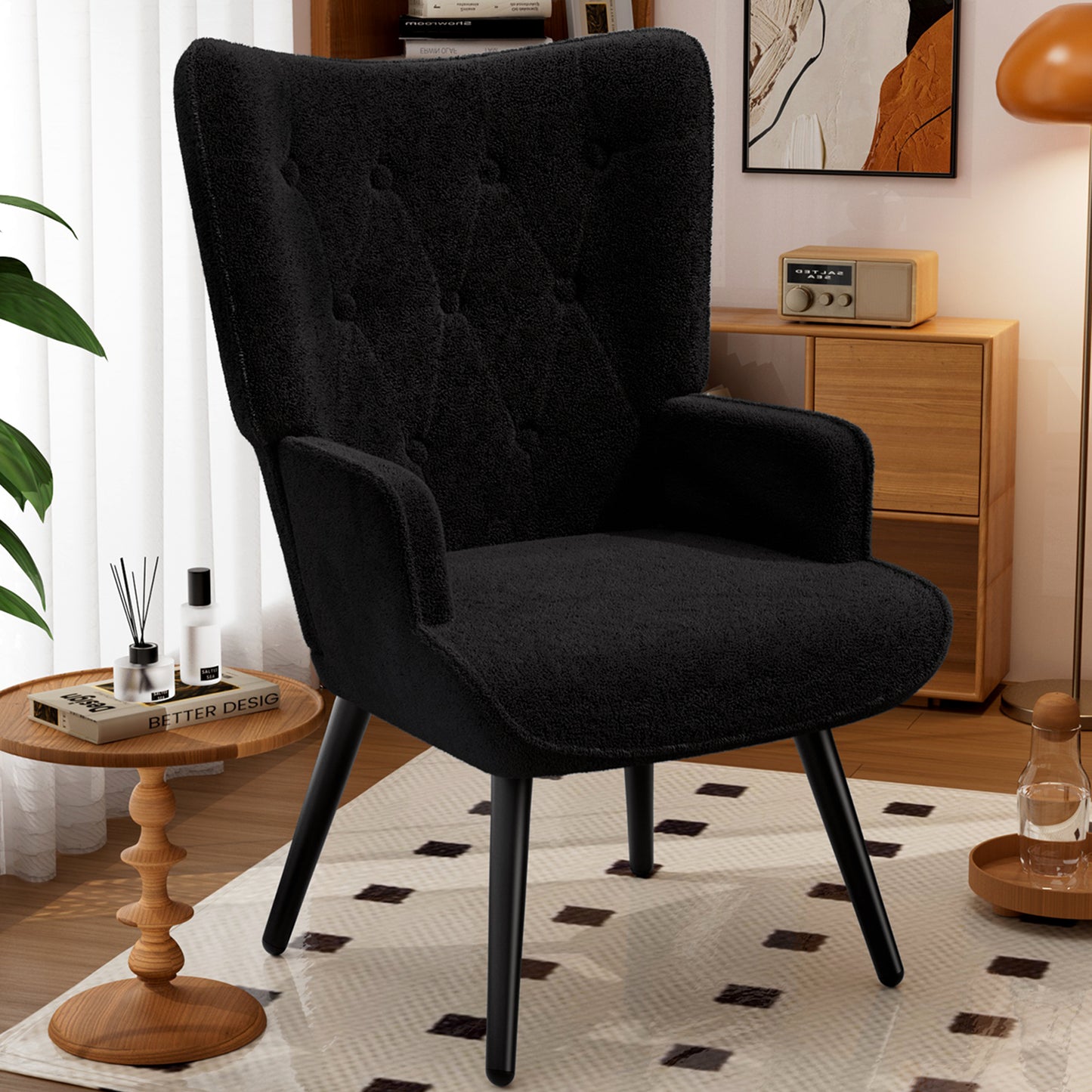 Pirecart Teddy Fabric Accent Chair, Comfy Upholstered Armchair Mid Century Modern, Wingback Chair with Metal Legs, High Backrest Living Room Chair for Vanity, Bedroom, Black