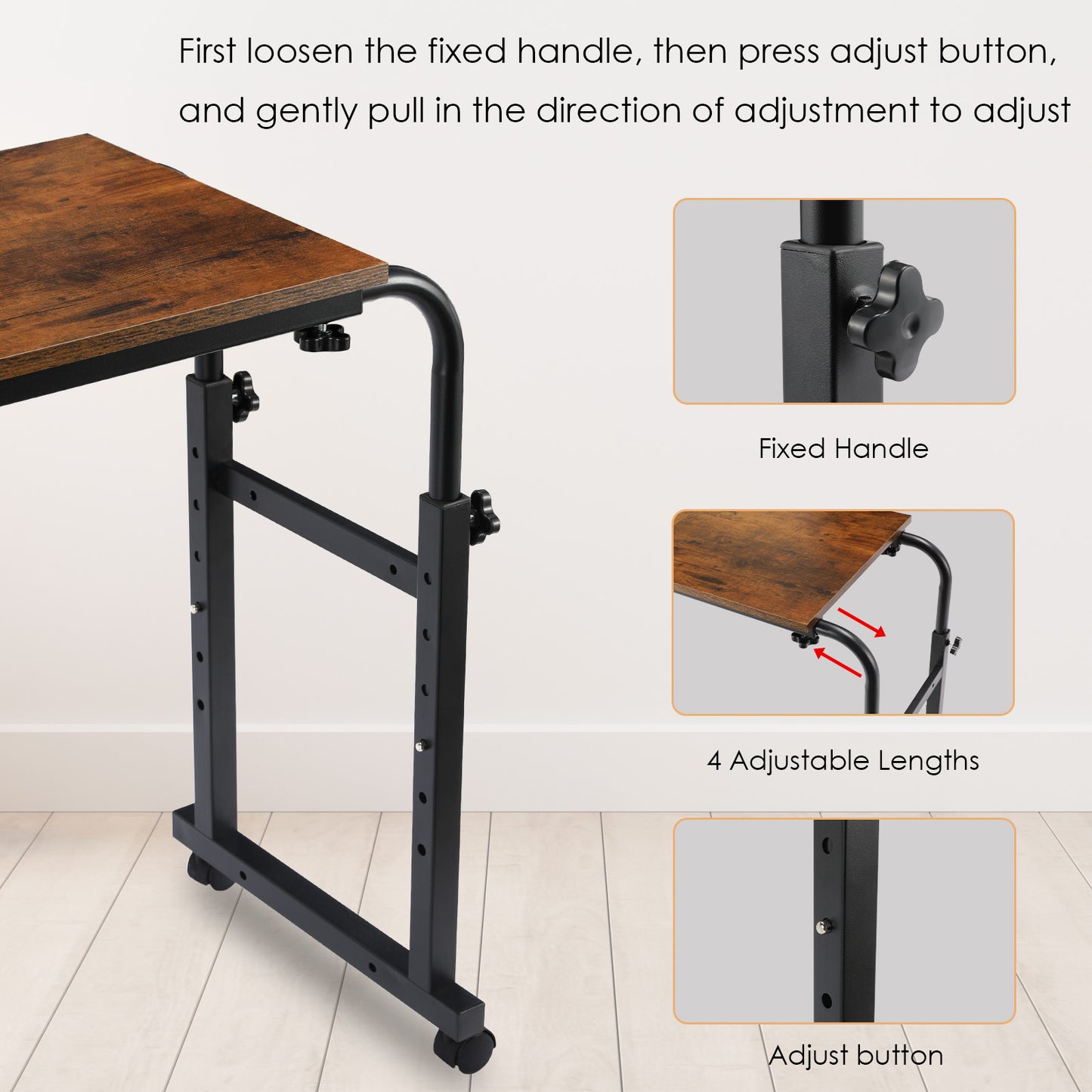 pirecart Overbed Table with Wheels, Moblie Bed Desk, Rolling Computer Desk Laptop Cart