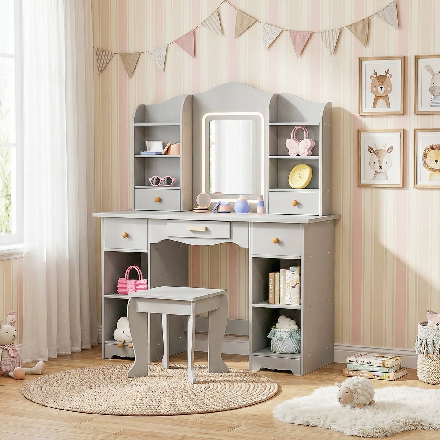 Pirecart Kids Vanity with 3 Color Lights, Girls Vanity Set with Mirror, Storage Drawer, Pretend Play Makeup Desk, with Detachable shelf