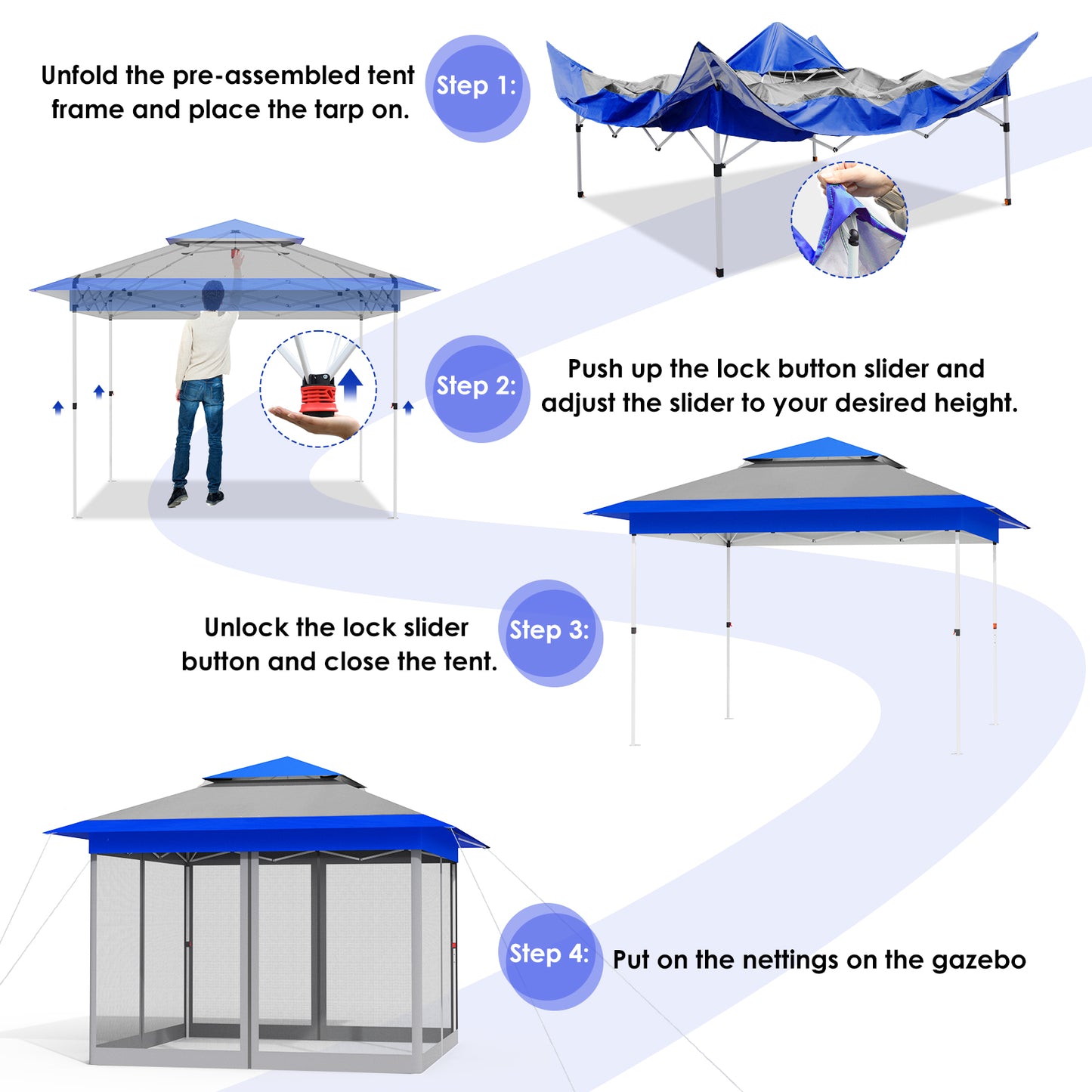 pirecart 11x11 / 13x13 ft Pop Up Gazebo, Outdoor Instant Canopy Tent w/4 Netting Sidewall & Auto Extending Eave, Patio Gazebos Shelter