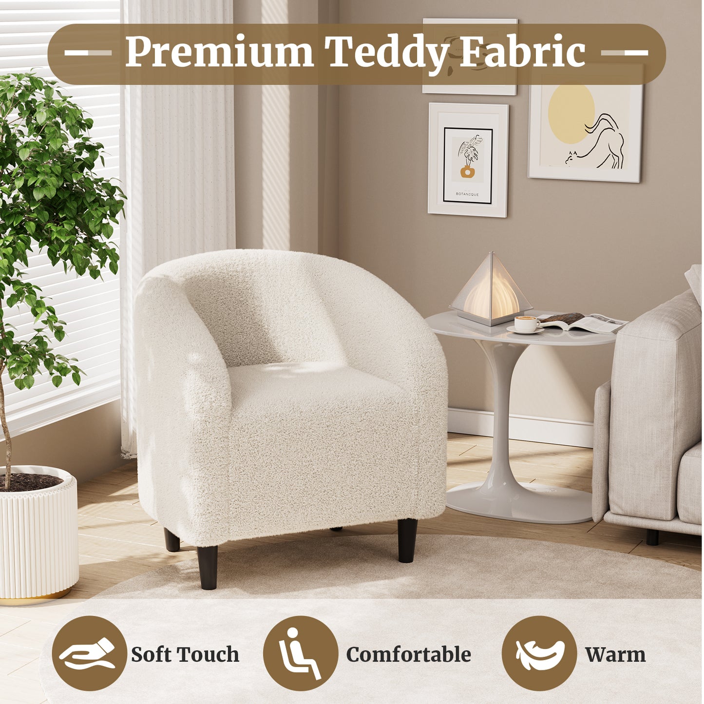 Pirecart Teddy Fabric Accent Barrel Chair, Small Space Compact Armchair, Soft Bedroom Accent Chair with a Side Pocket for Living Room/Bedroom/Reception Room